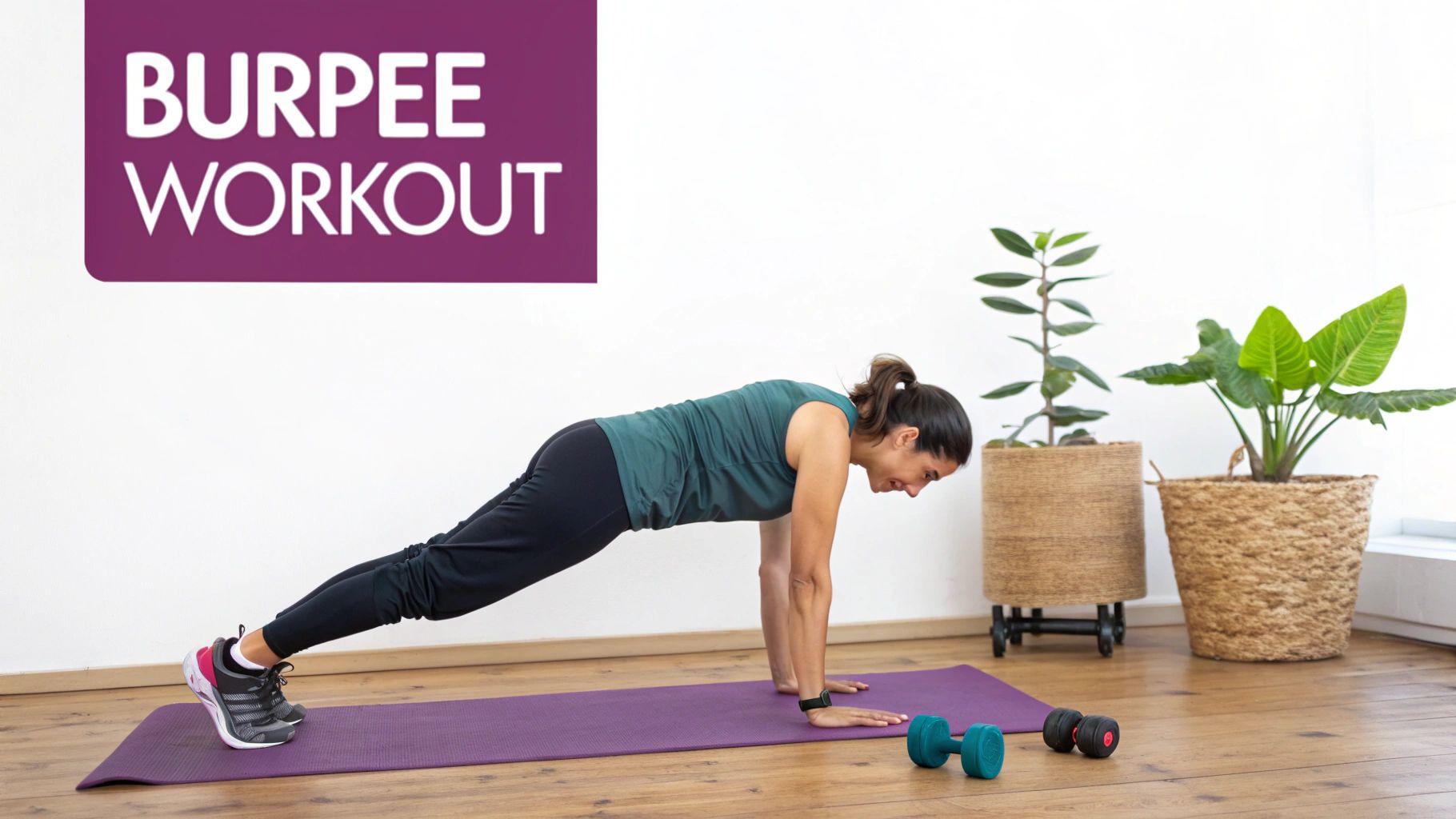 A person demonstrating the sequence of a burpee exercise
