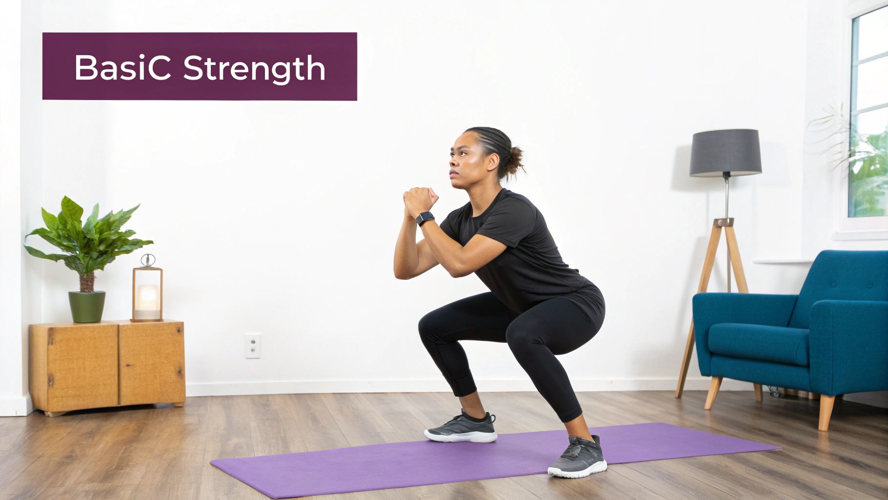 A person doing bodyweight squats at home, demonstrating a fundamental exercise in Bodyweight Basic Strength Training.