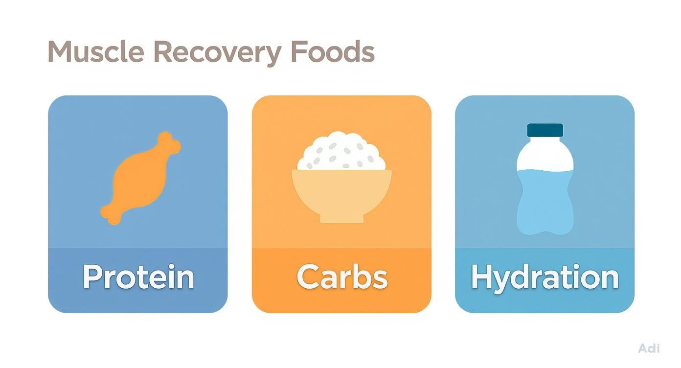 An infographic showing essential muscle recovery foods: protein, carbs, and hydration, each with a corresponding icon.