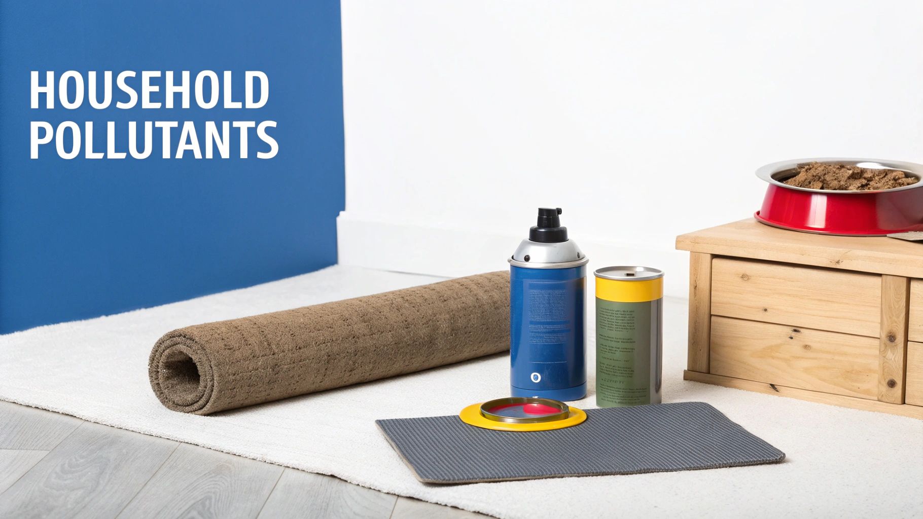 Text 'HOUSEHOLD POLLUTANTS' on a blue wall, next to a rolled rug, spray cans, and pet food.