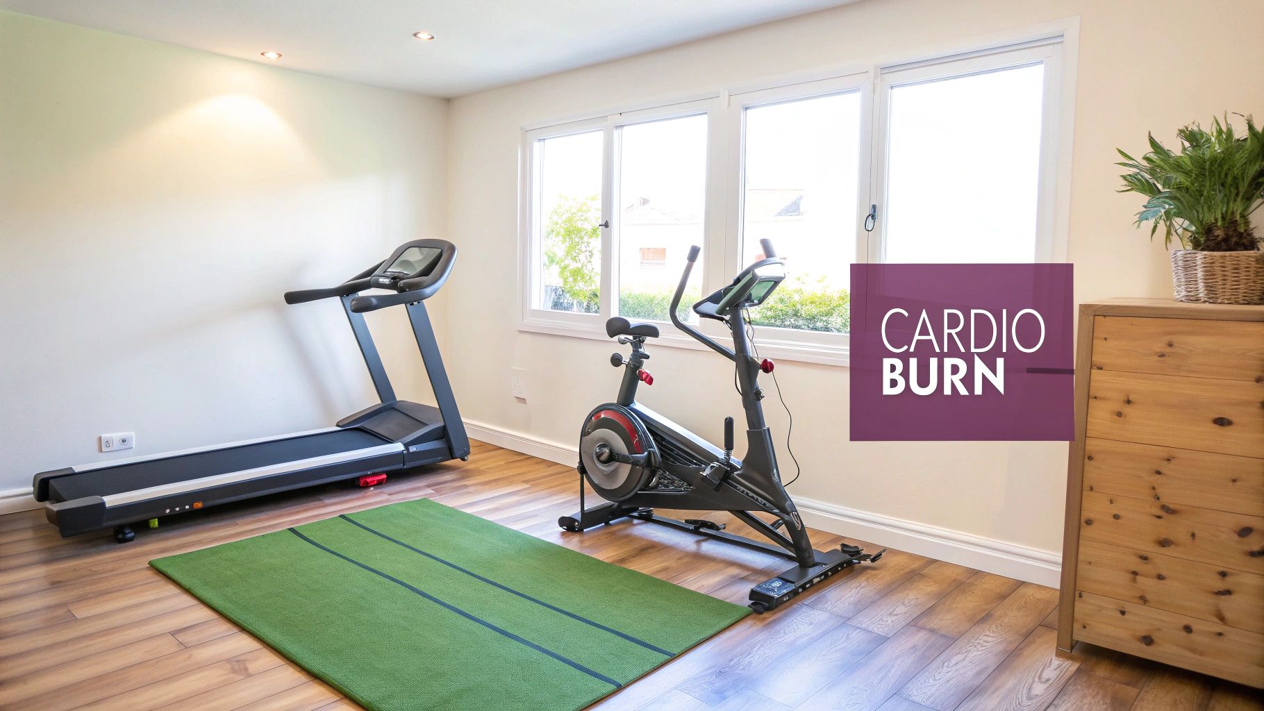 A woman running on a treadmill at home with a scenic view outside her window.