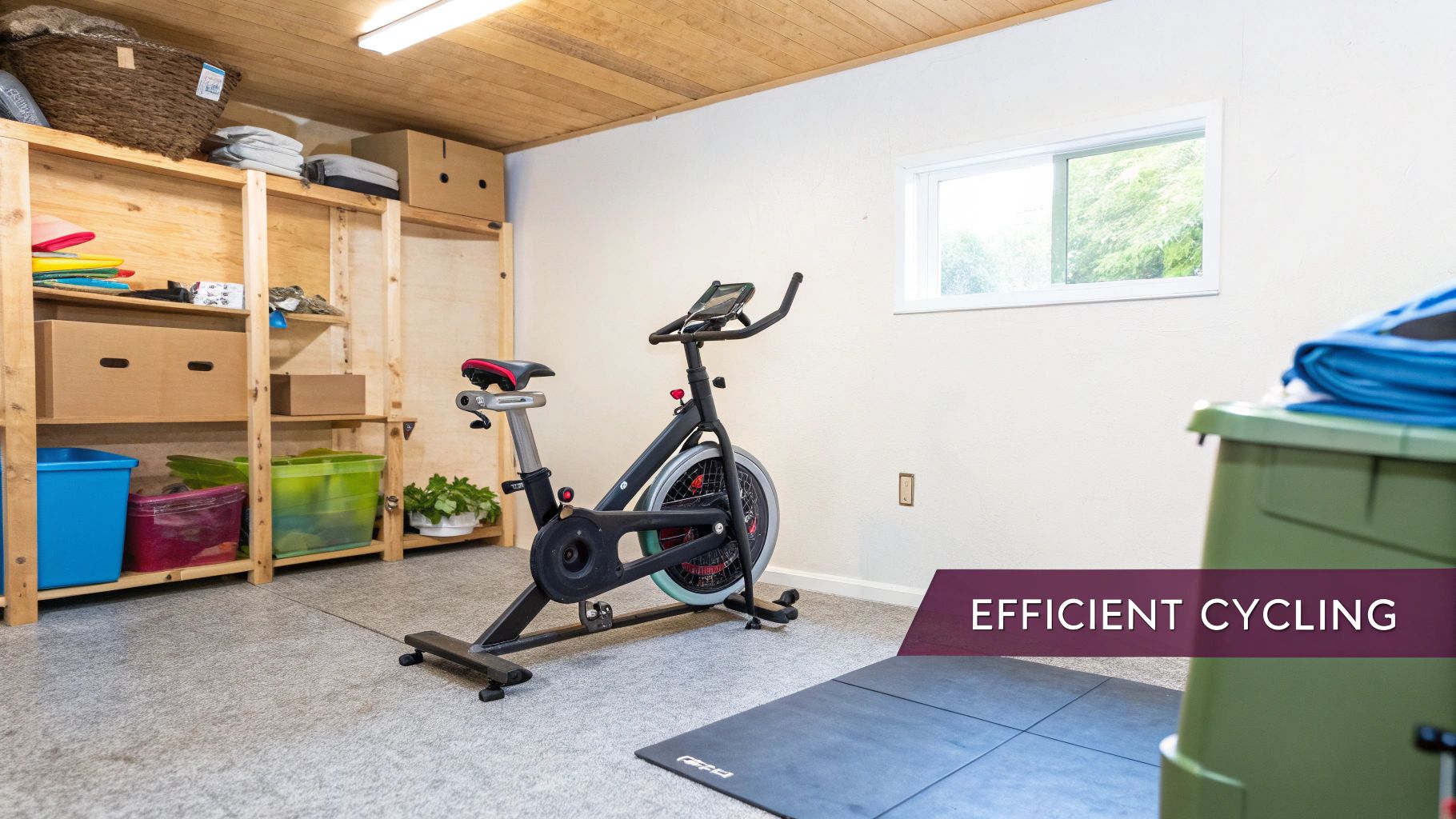 Home gym setup with a black spin bike, wooden storage shelves, and a workout mat on the floor.