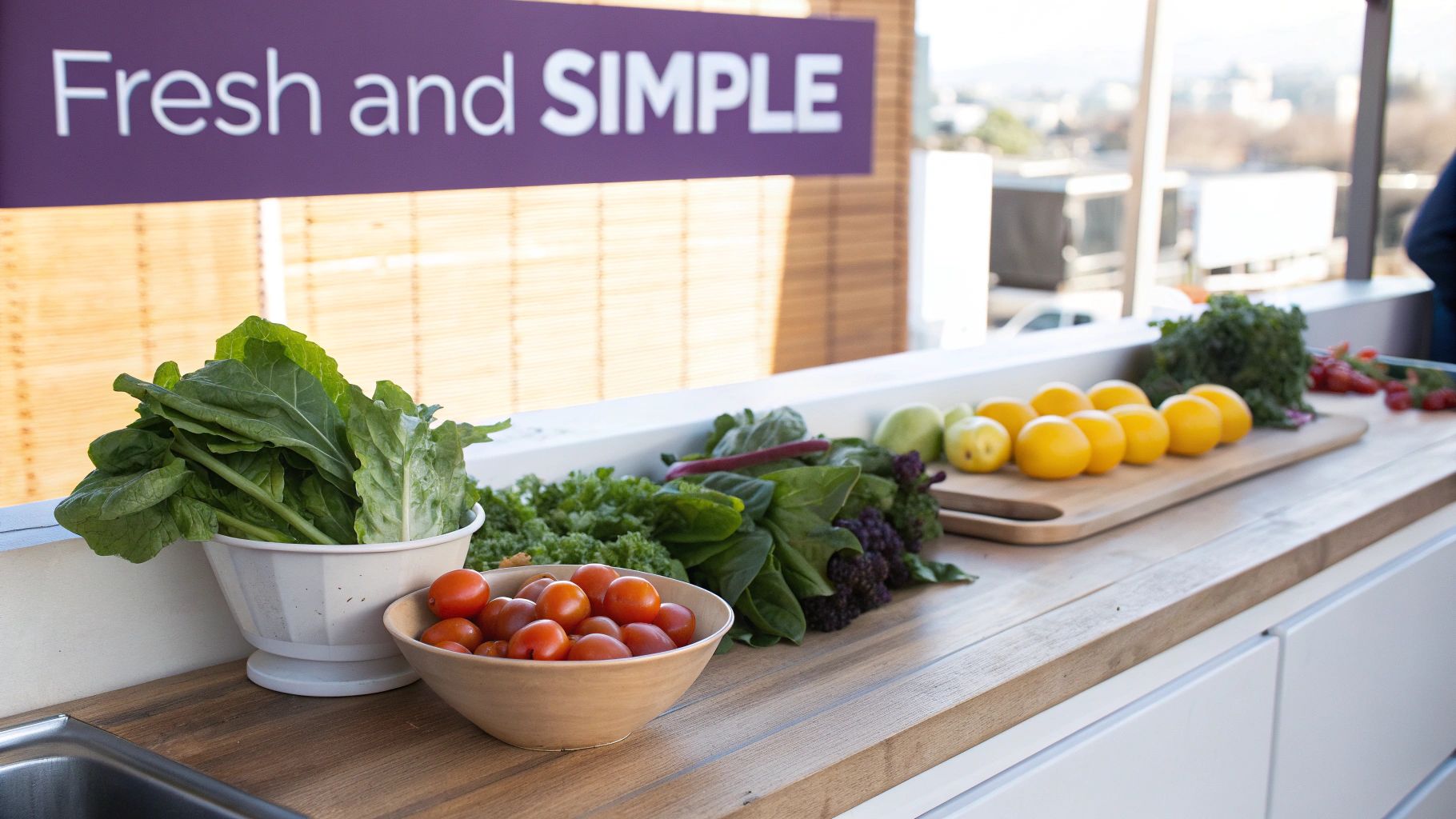 A counter filled with fresh vegetables and fruits like greens, tomatoes, lemons, and apples, under a 'Fresh and SIMPLE' sign.