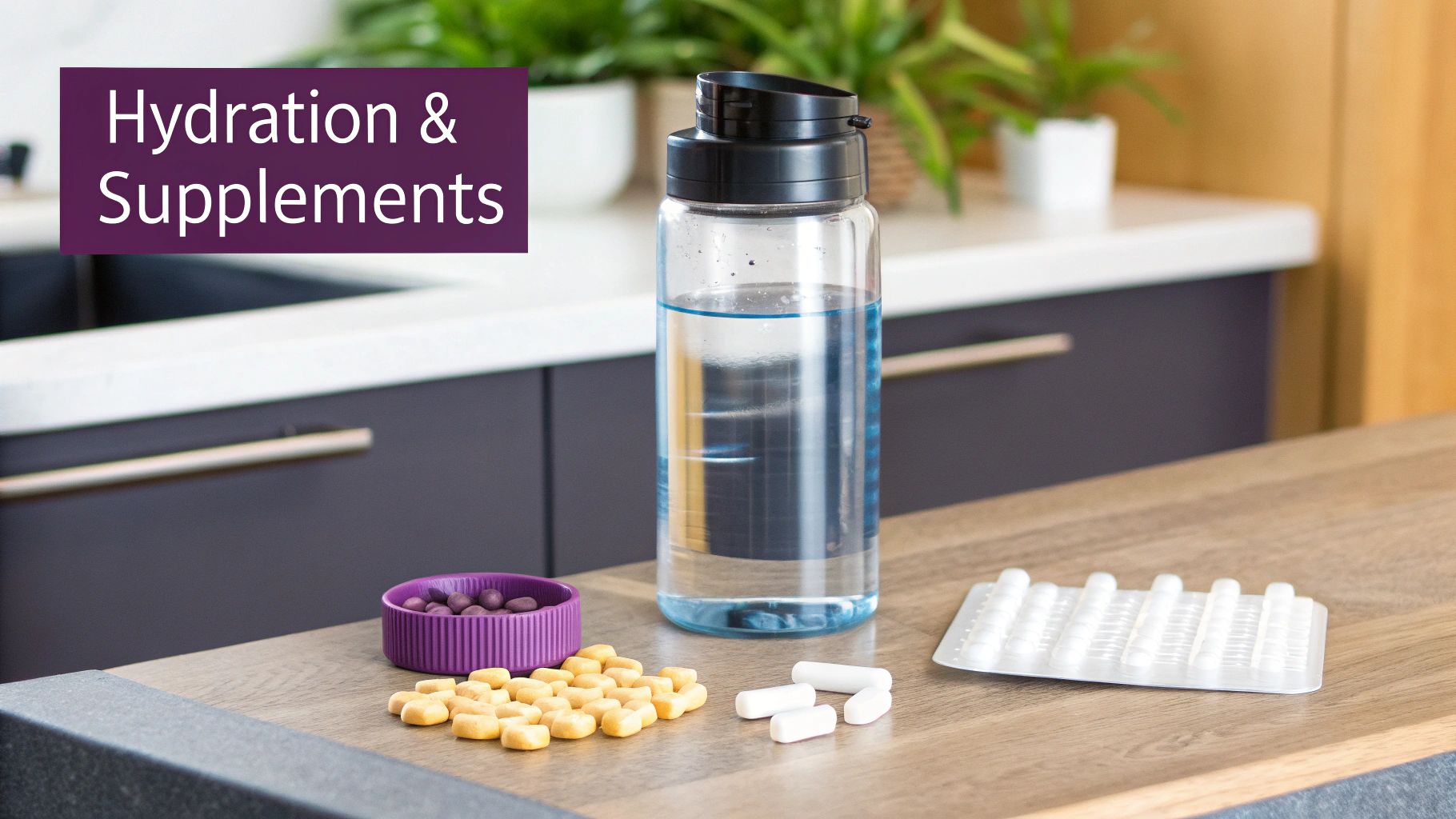 Supplements like creatine and vitamins arranged on a clean background.