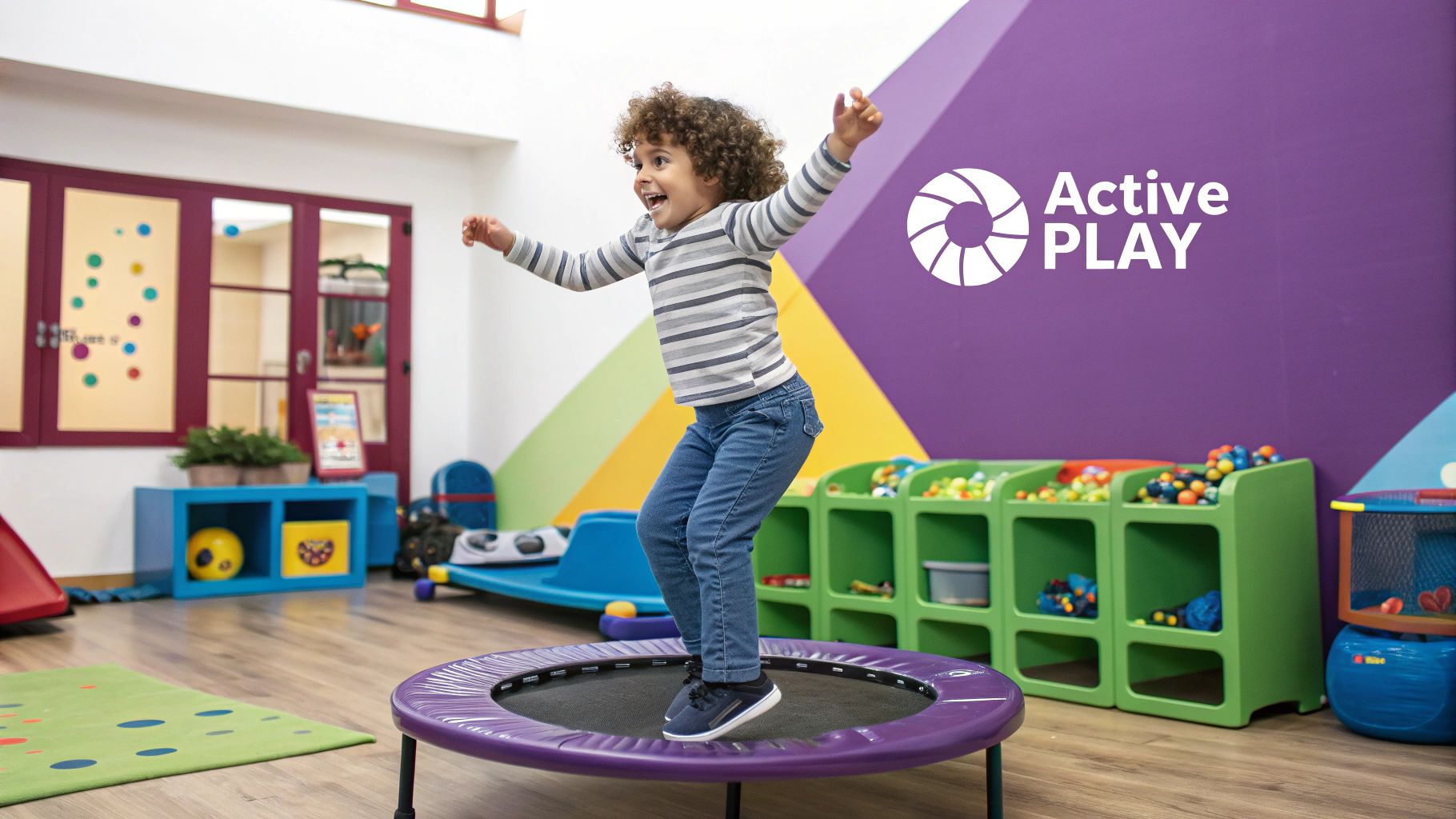 A young child joyfully playing on colorful indoor exercise equipment.