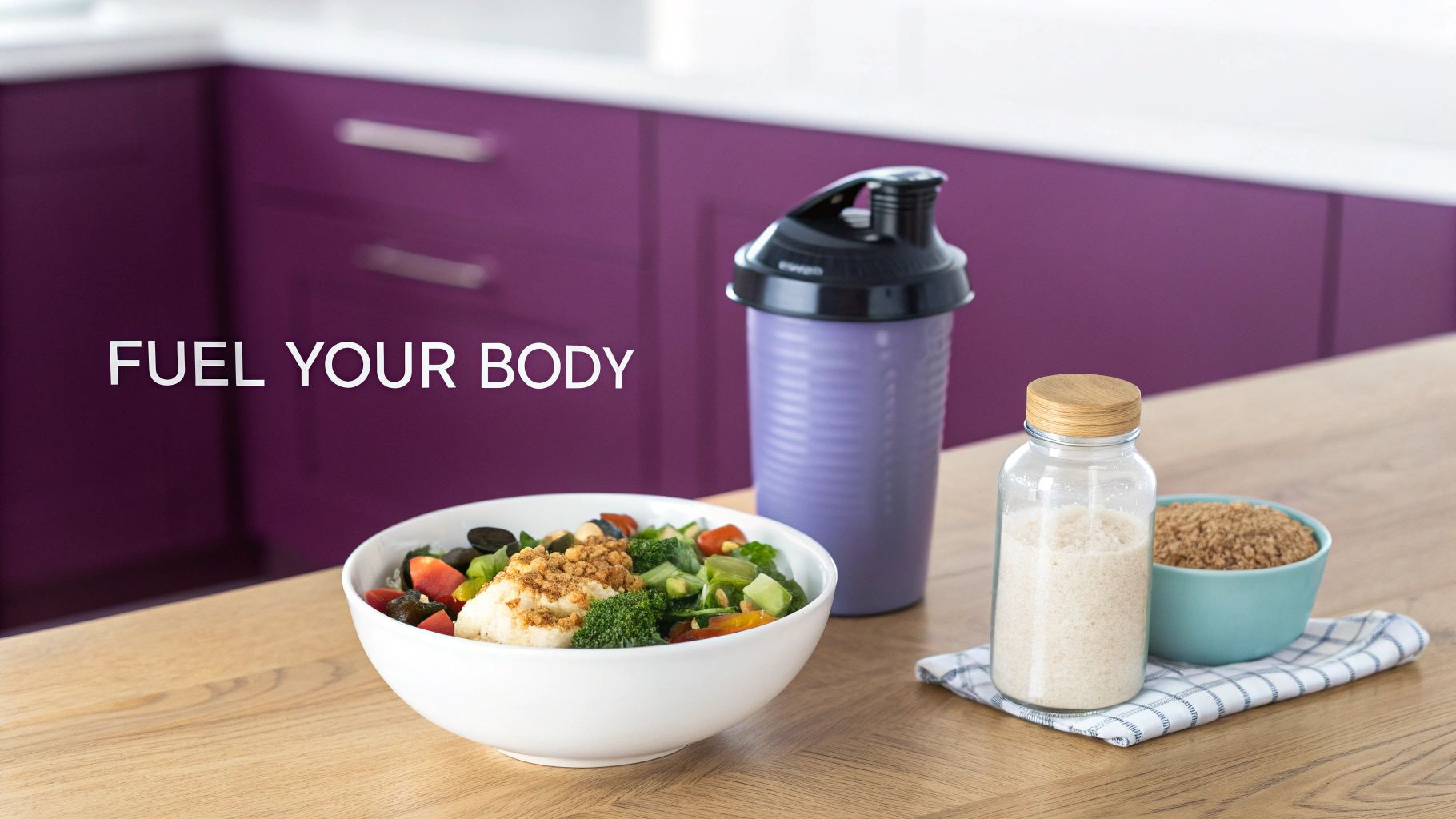 A colorful healthy salad, protein shaker, and nutritional ingredients on a wooden table in a modern kitchen.