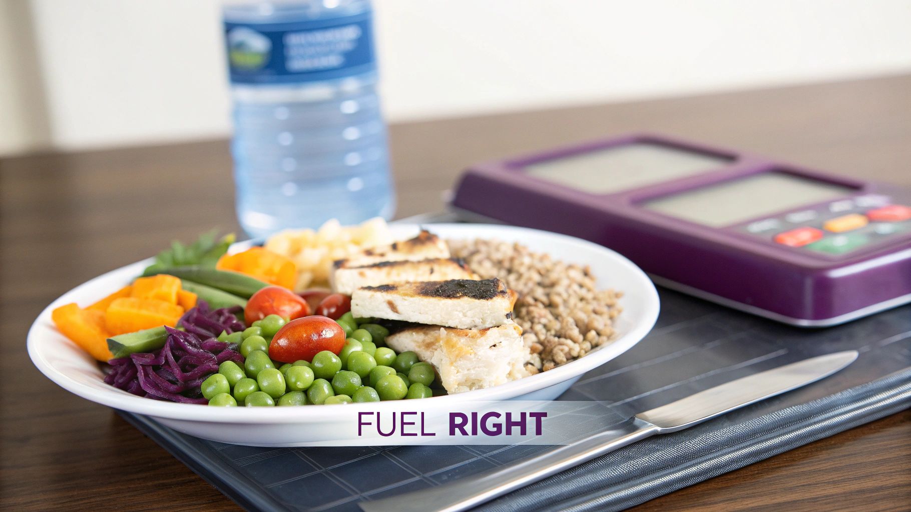 A balanced meal featuring grilled chicken/tofu, colorful vegetables, grains, water, and a nutrition tracker.