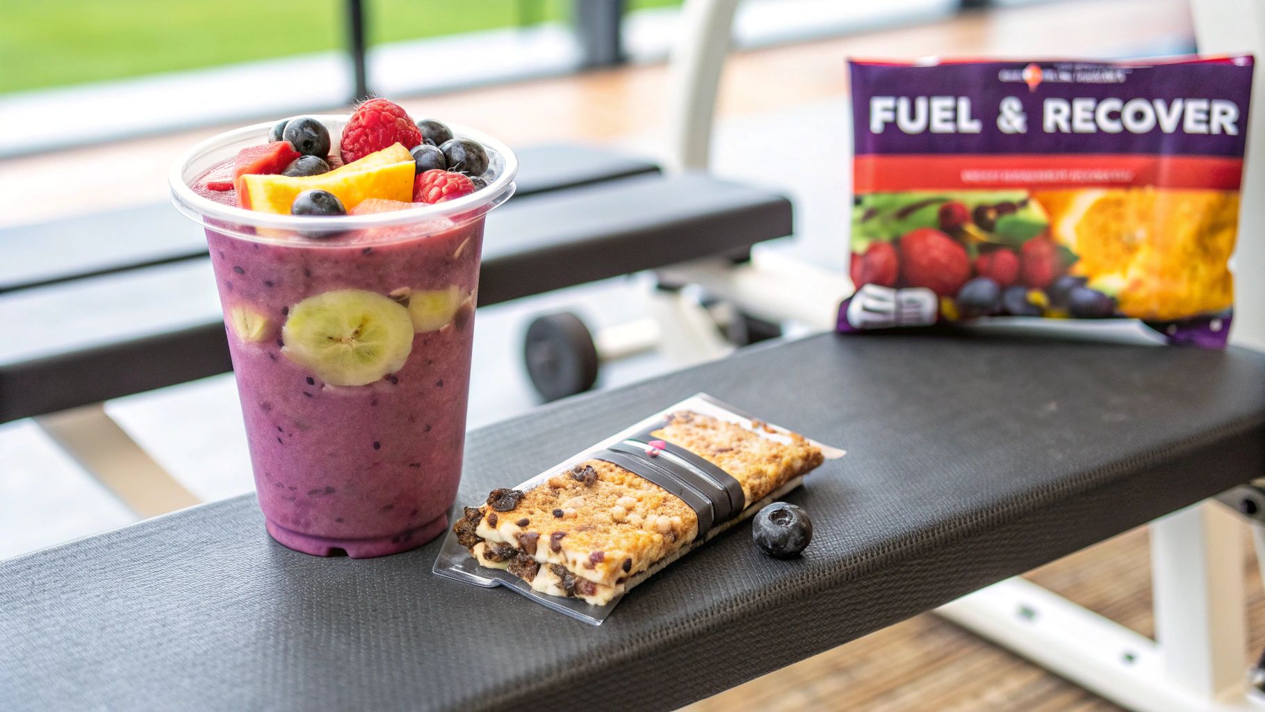 A person preparing a healthy post-workout protein shake in a shaker bottle.