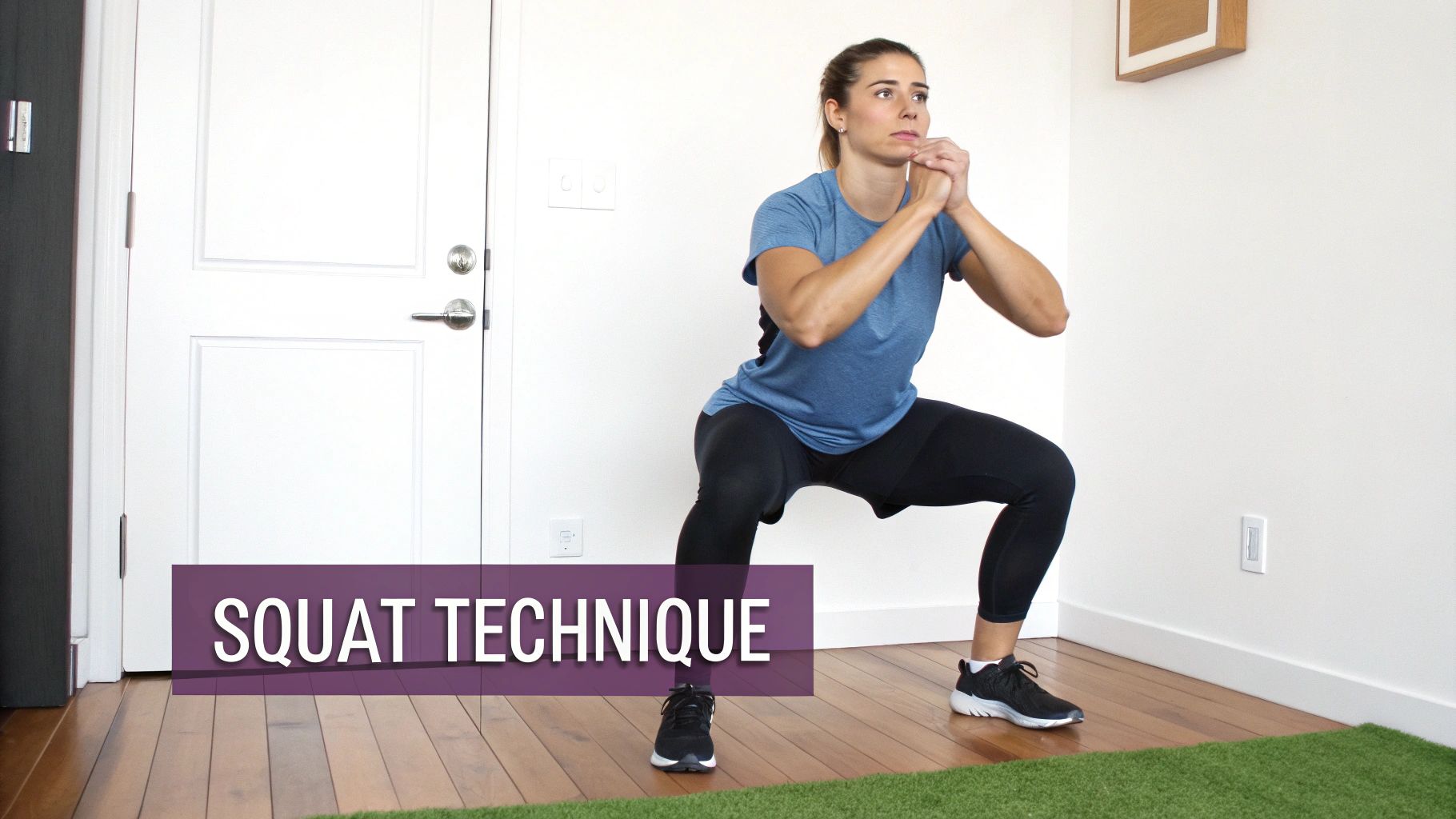 A woman in blue and black athletic wear demonstrates a squat exercise indoors, focusing on correct form.