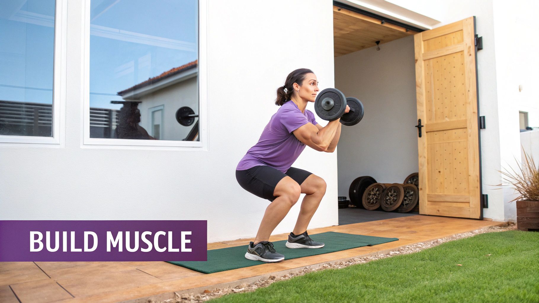 A fit woman in purple performs a dumbbell squat on a mat outdoors, building muscle.
