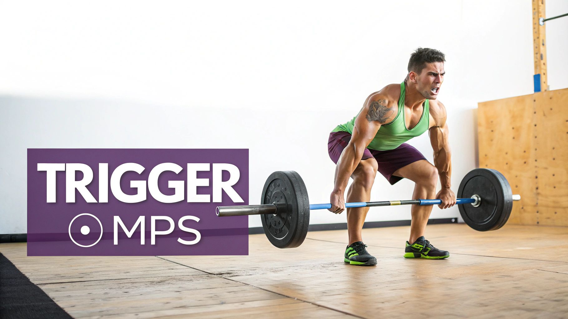 A muscular man performing a deadlift with a barbell, focused and straining, with 'TRIGGER MPS' text overlay.
