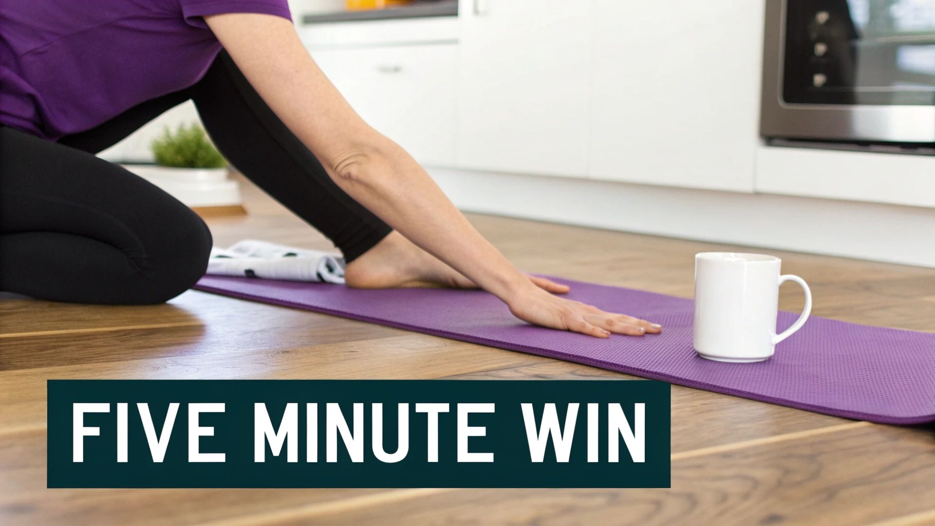 A person in black leggings and a purple shirt stretching on a yoga mat with a white mug.