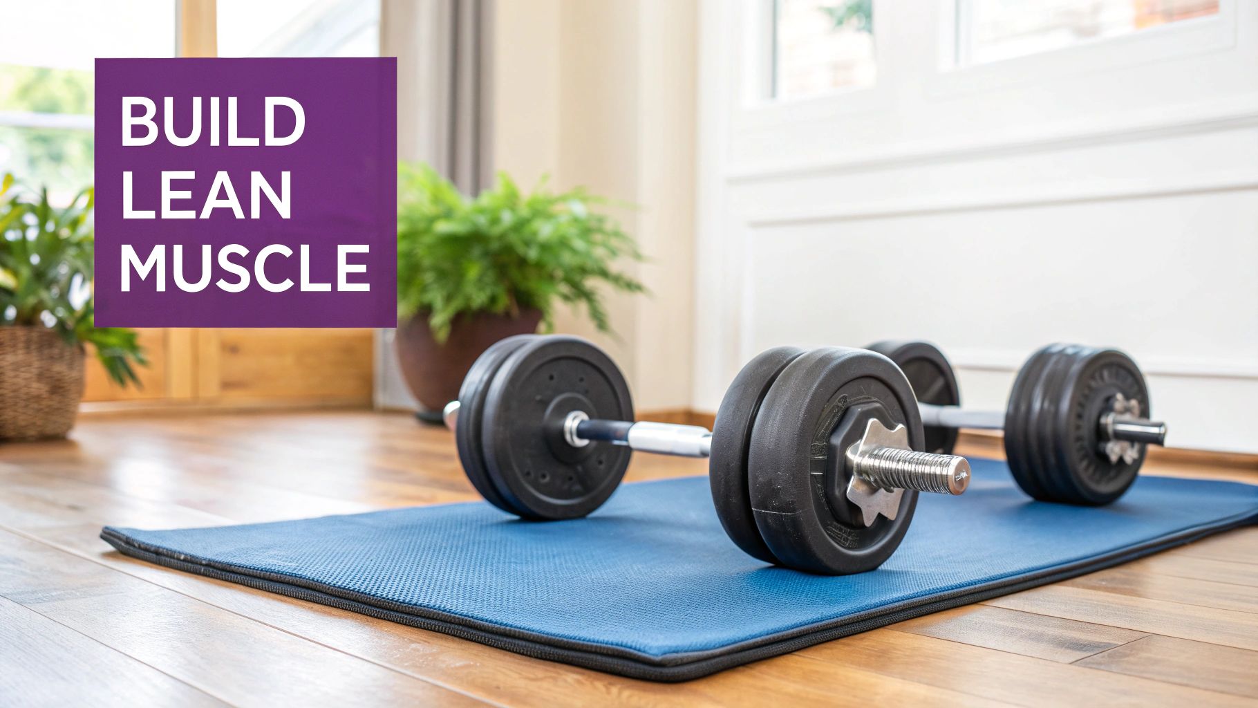 A single adjustable dumbbell rests on a blue yoga mat on a wooden floor, with text "BUILD LEAN MUSCLE".