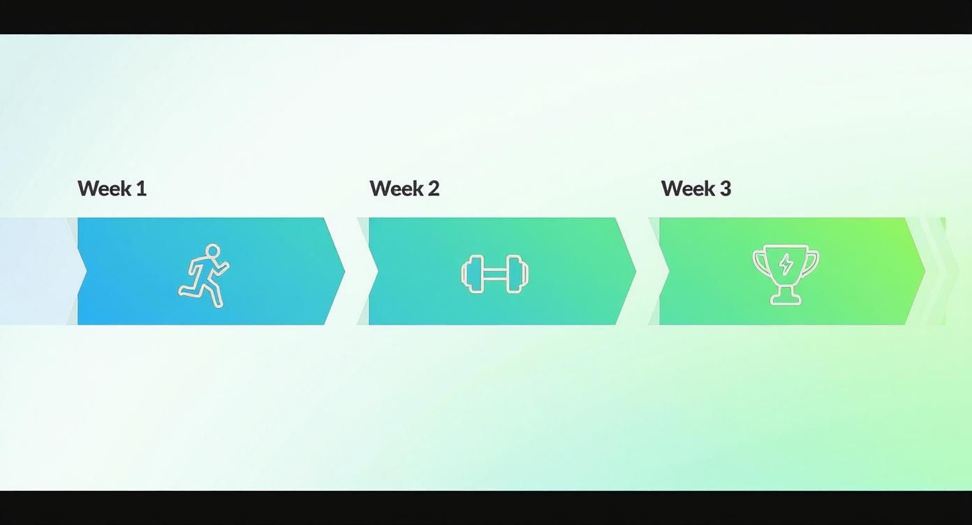 A three-week fitness progression with icons for running, weightlifting, and a trophy for achievement.