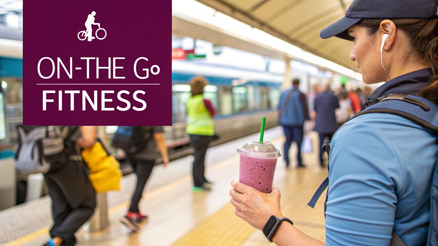 A person blending a smoothie in a portable blender while working at a desk