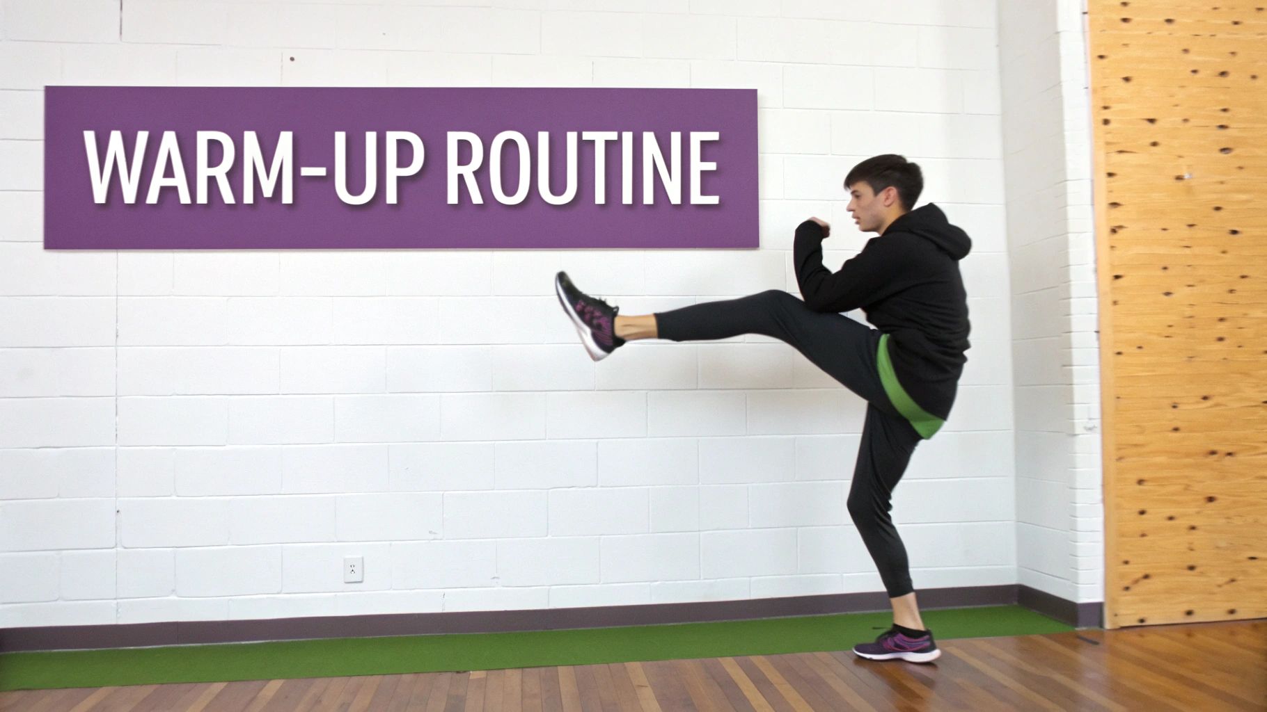 Young man in black activewear performing a high kick as part of a warm-up routine in a gym.