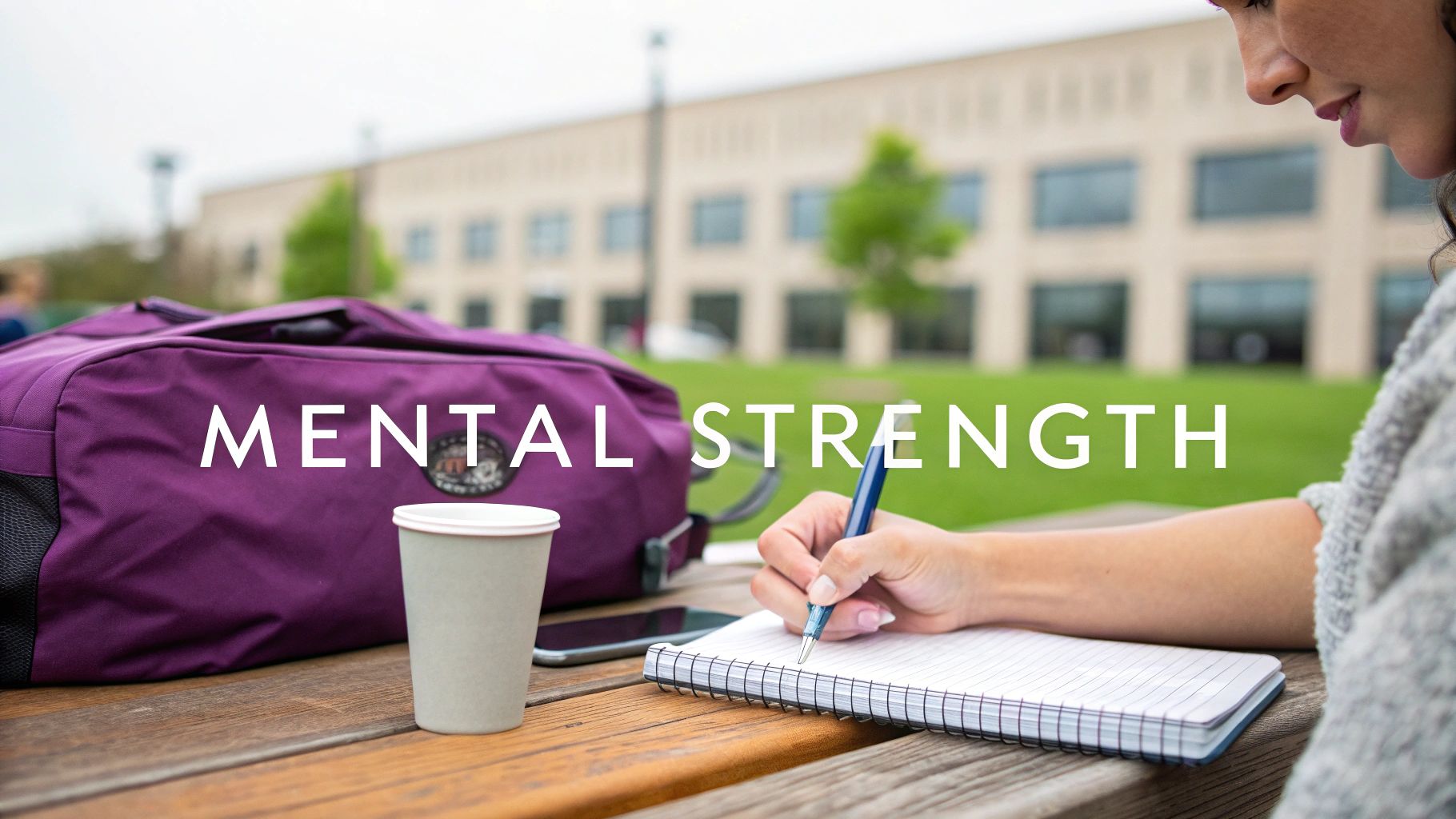 Close-up of a person writing in a notebook on a wooden table with a purple bag and coffee, emphasizing 'MENTAL STRENGTH'.