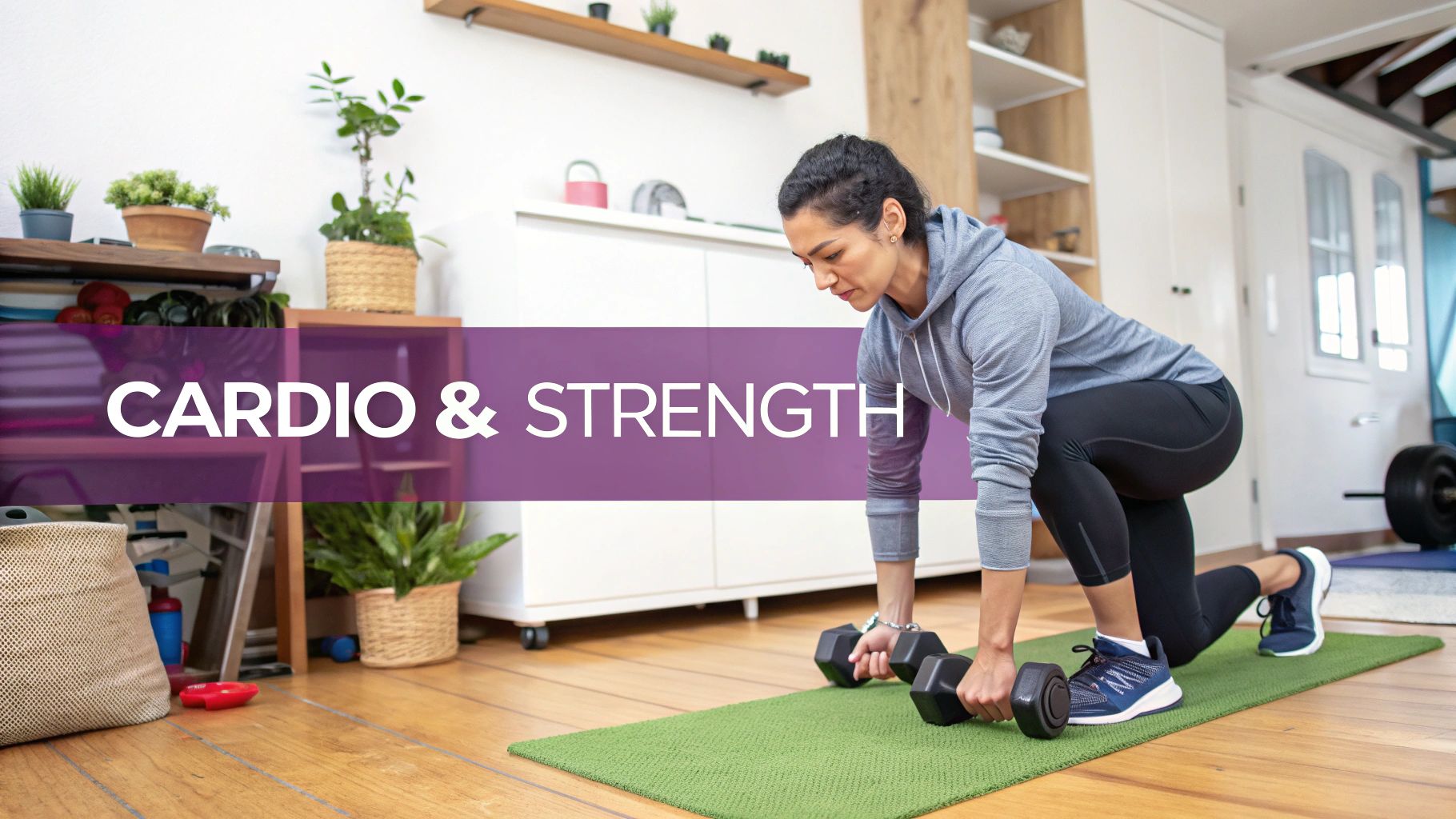 A woman doing a cardio and strength workout with dumbbells on a green mat at home.
