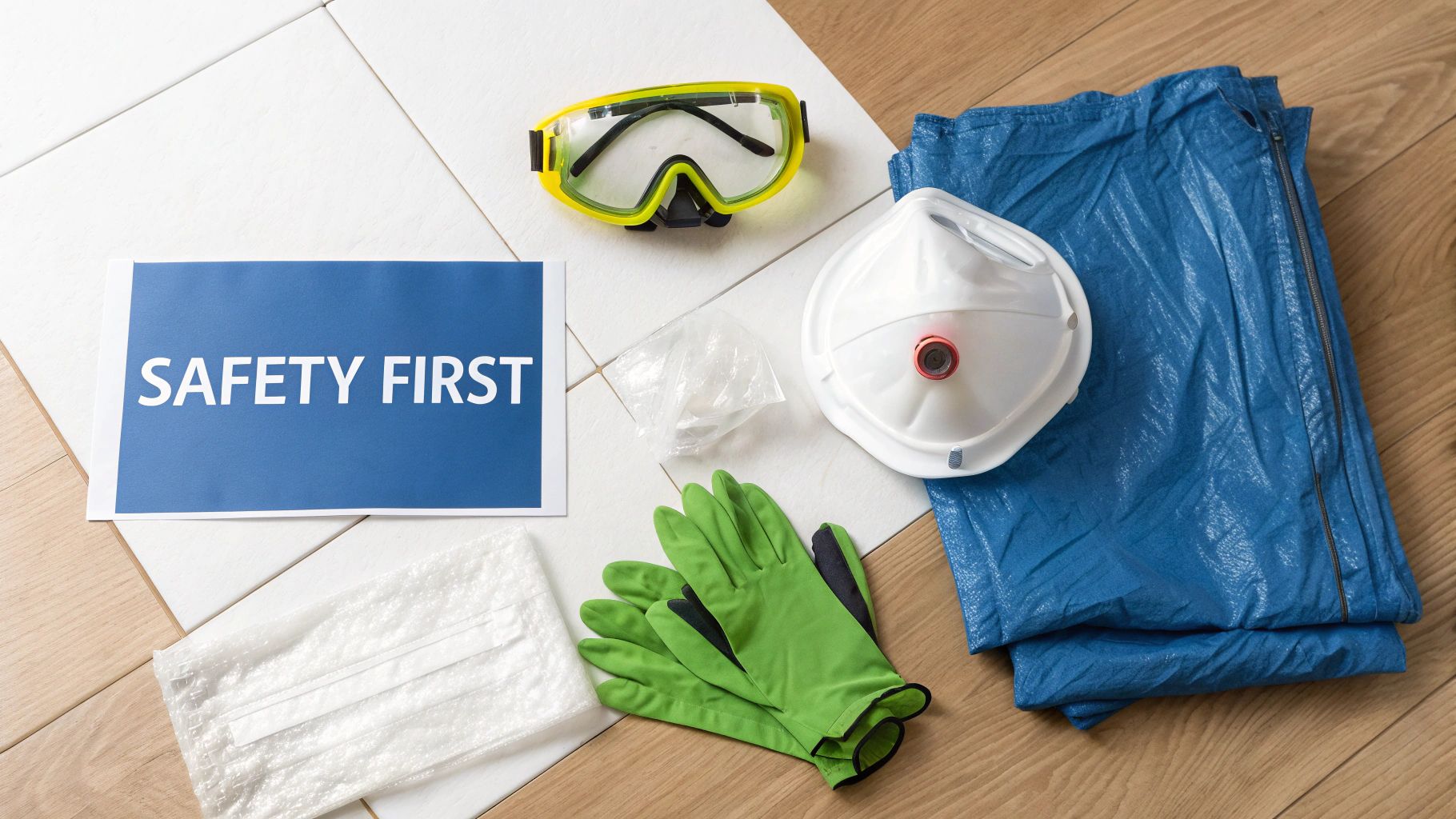 A person wearing full personal protective equipment, including a respirator, goggles, and gloves, kneels on a carpeted floor, preparing to clean a moldy area.