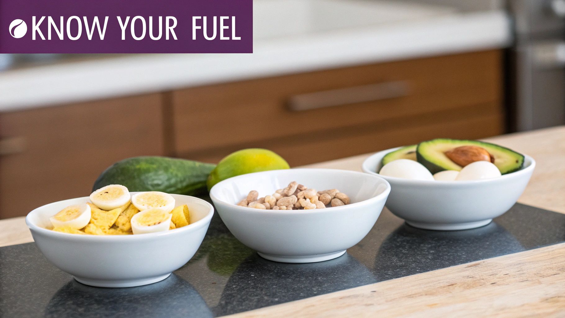 Three bowls of healthy snacks: eggs with chips, nuts, and avocado with eggs, on a counter.