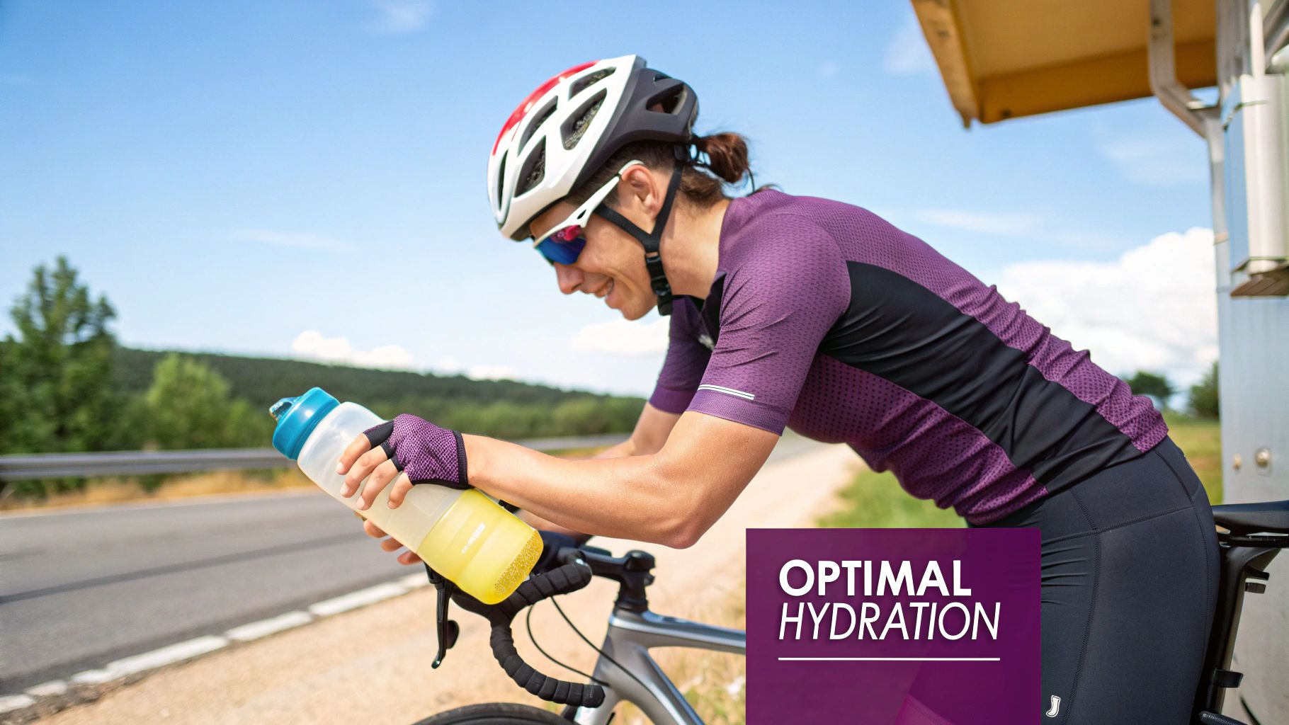 A close-up shot of an athlete drinking from a water bottle, with sweat visible on their face, highlighting the importance of hydration.