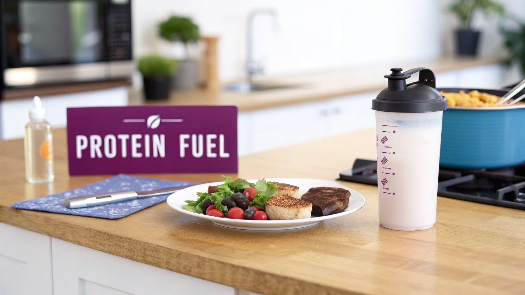 A healthy meal with steak, scallops, salad, and a protein shake on a kitchen counter.