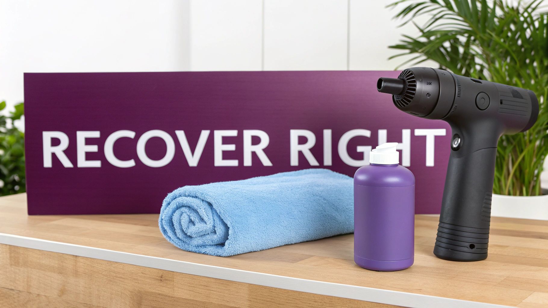 Post-workout recovery setup with a massage gun, towel, hydration bottle, and 'RECOVER RIGHT' sign.