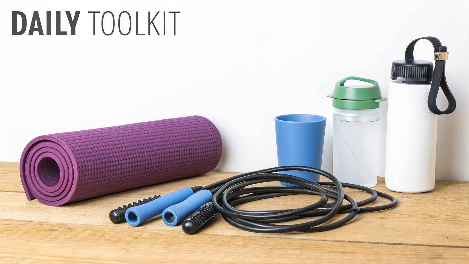 A daily fitness toolkit including a purple yoga mat, skipping rope, and water bottles on a wooden surface.