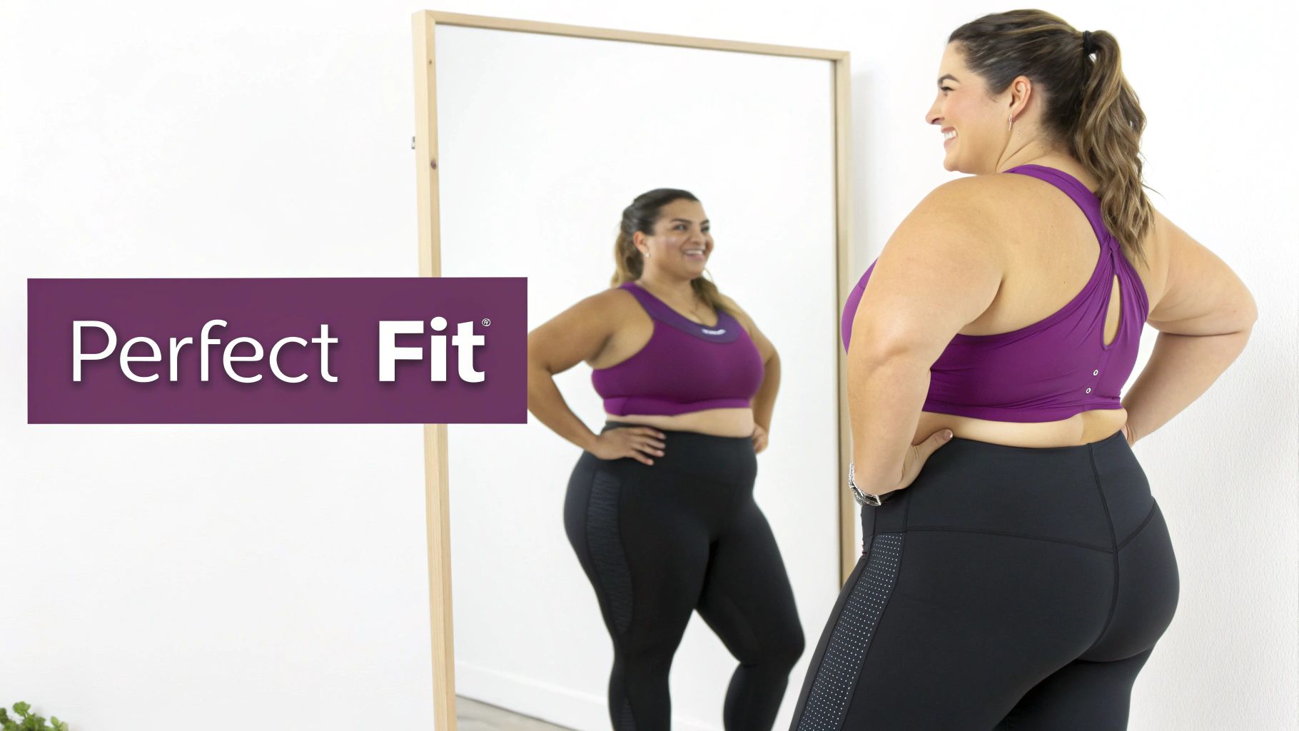 A plus-size woman confidently posing in stylish activewear.