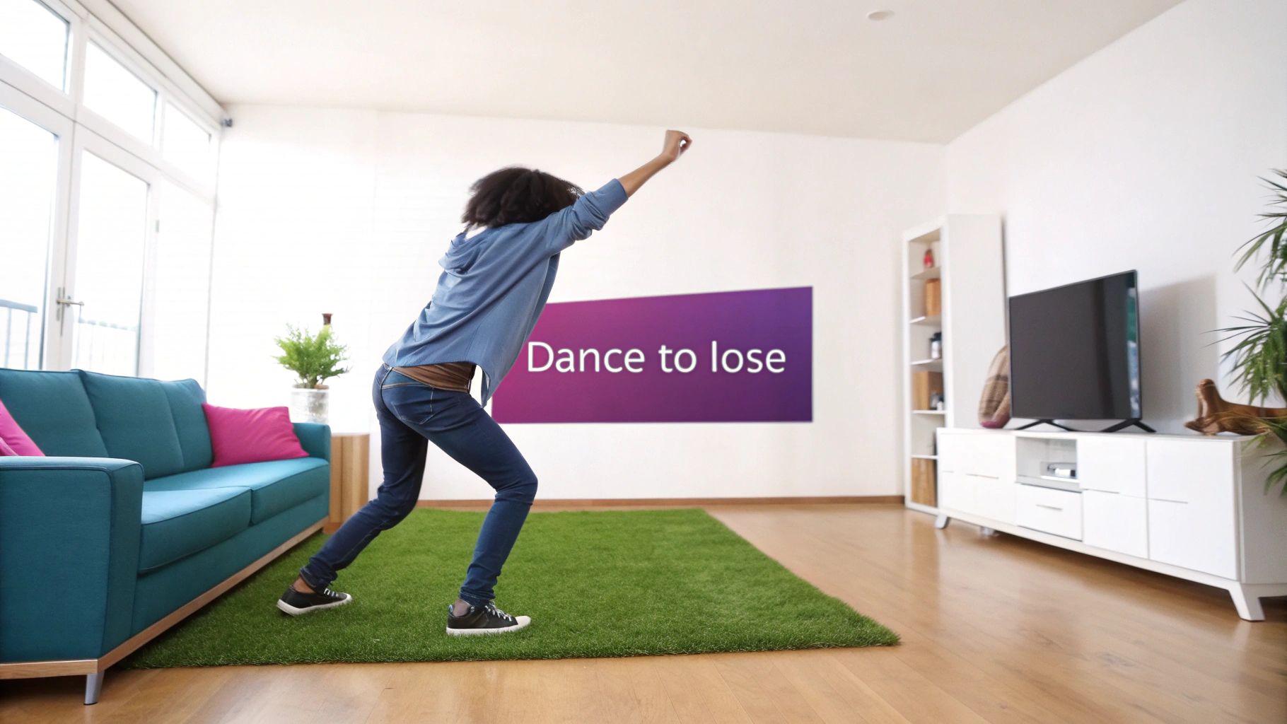 A person in a living room, dancing on a green rug in front of a sign that says 'Dance to lose'.
