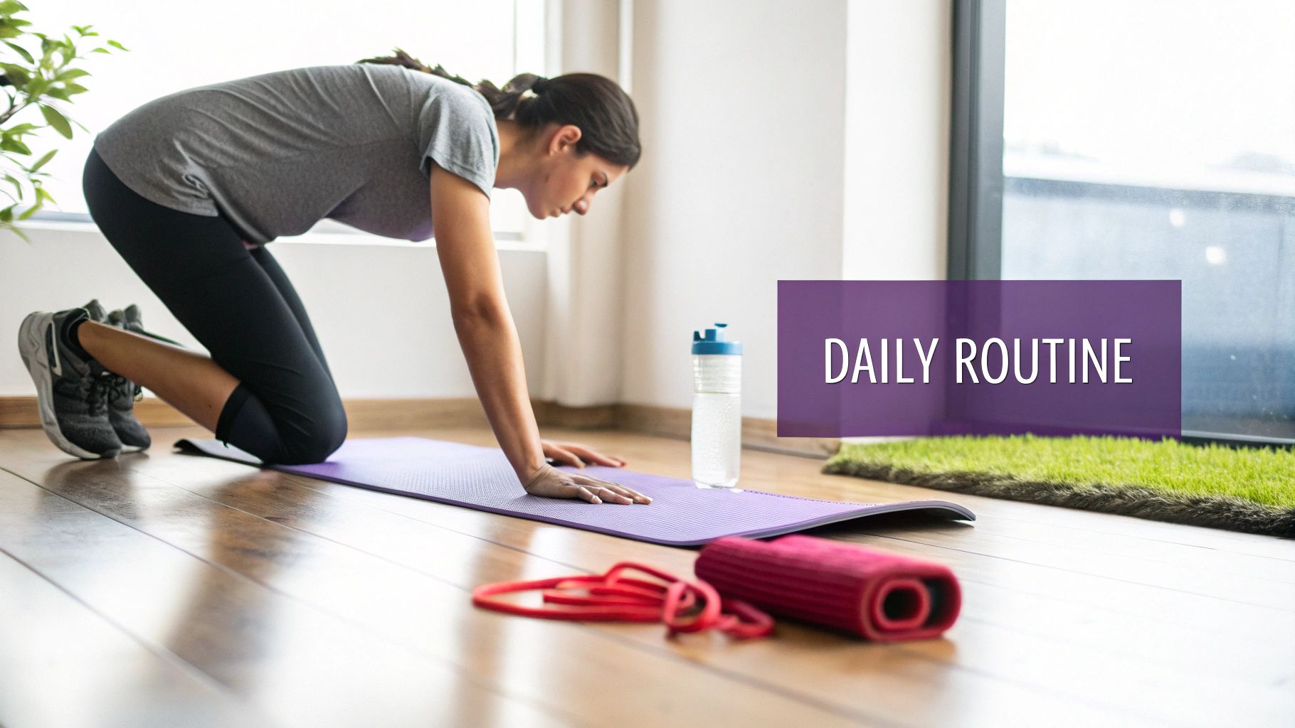 A woman doing a daily workout routine on a purple yoga mat with a water bottle nearby.