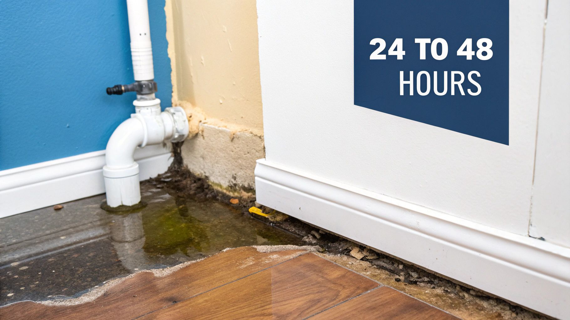 A close-up of black mold growing on a damp, white wall in a home.