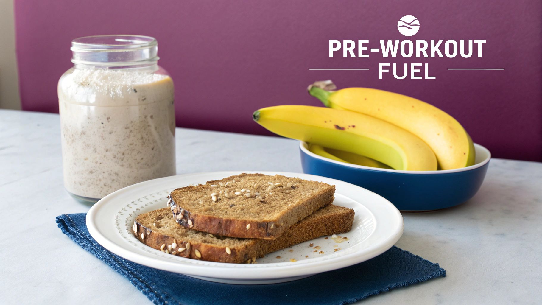 A pre-workout powder container next to a banana and toast