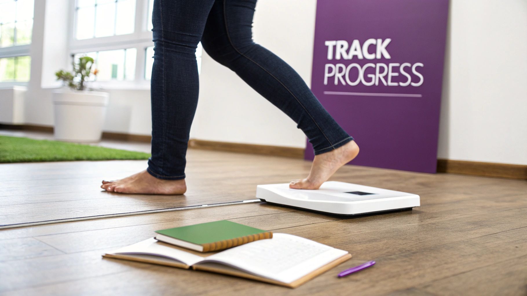 Woman stepping on bathroom scale with track progress sign and fitness journal nearby