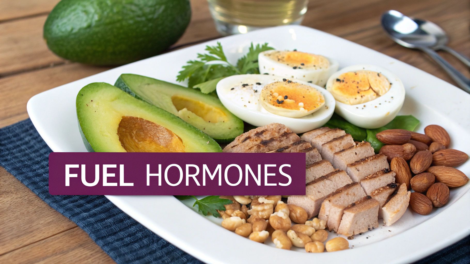 A vibrant spread of healthy foods including avocados, salmon, eggs, and nuts.