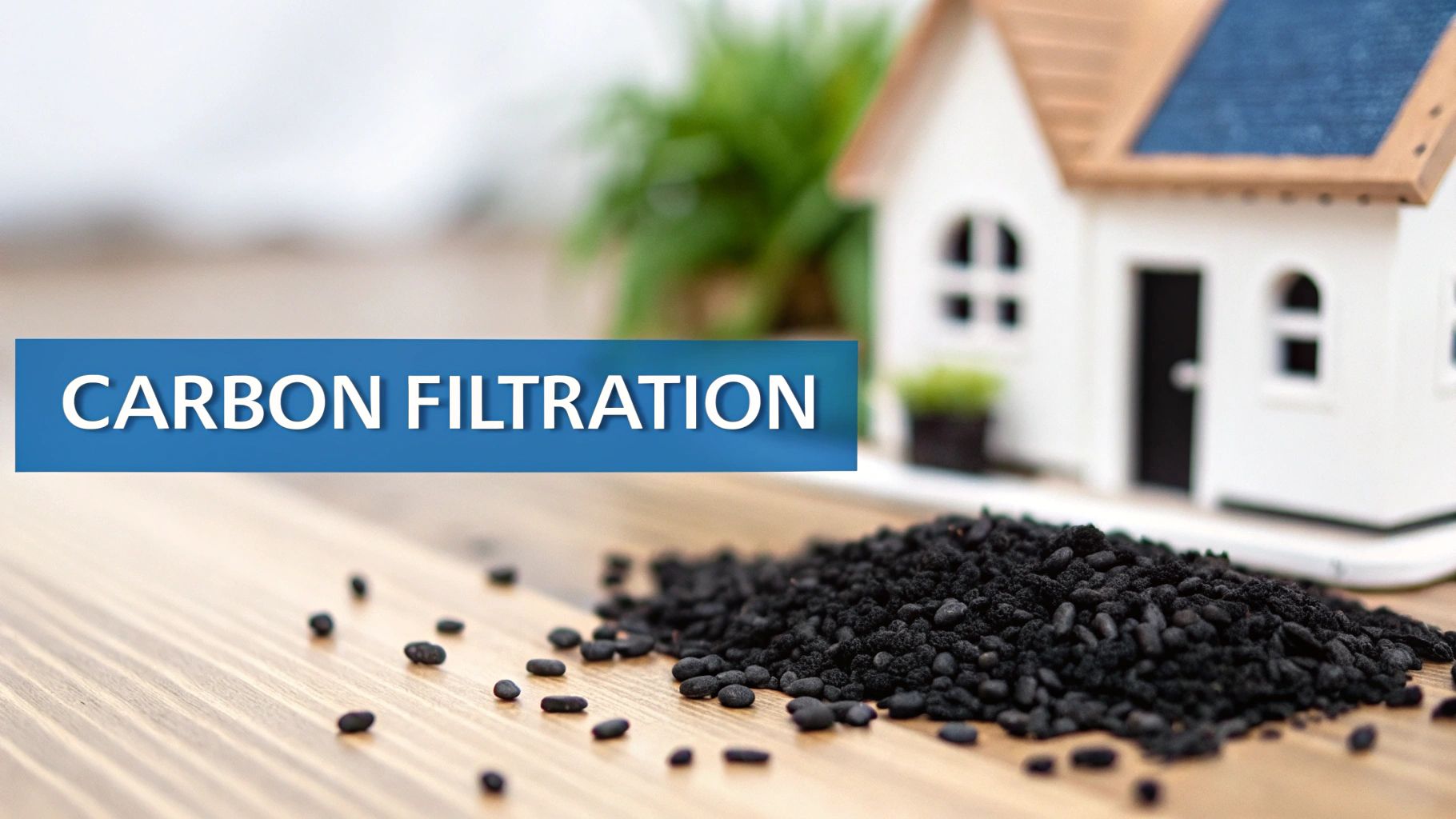 A pile of black granular activated carbon on a wooden surface, with a small blurred house in the background, illustrating carbon filtration.