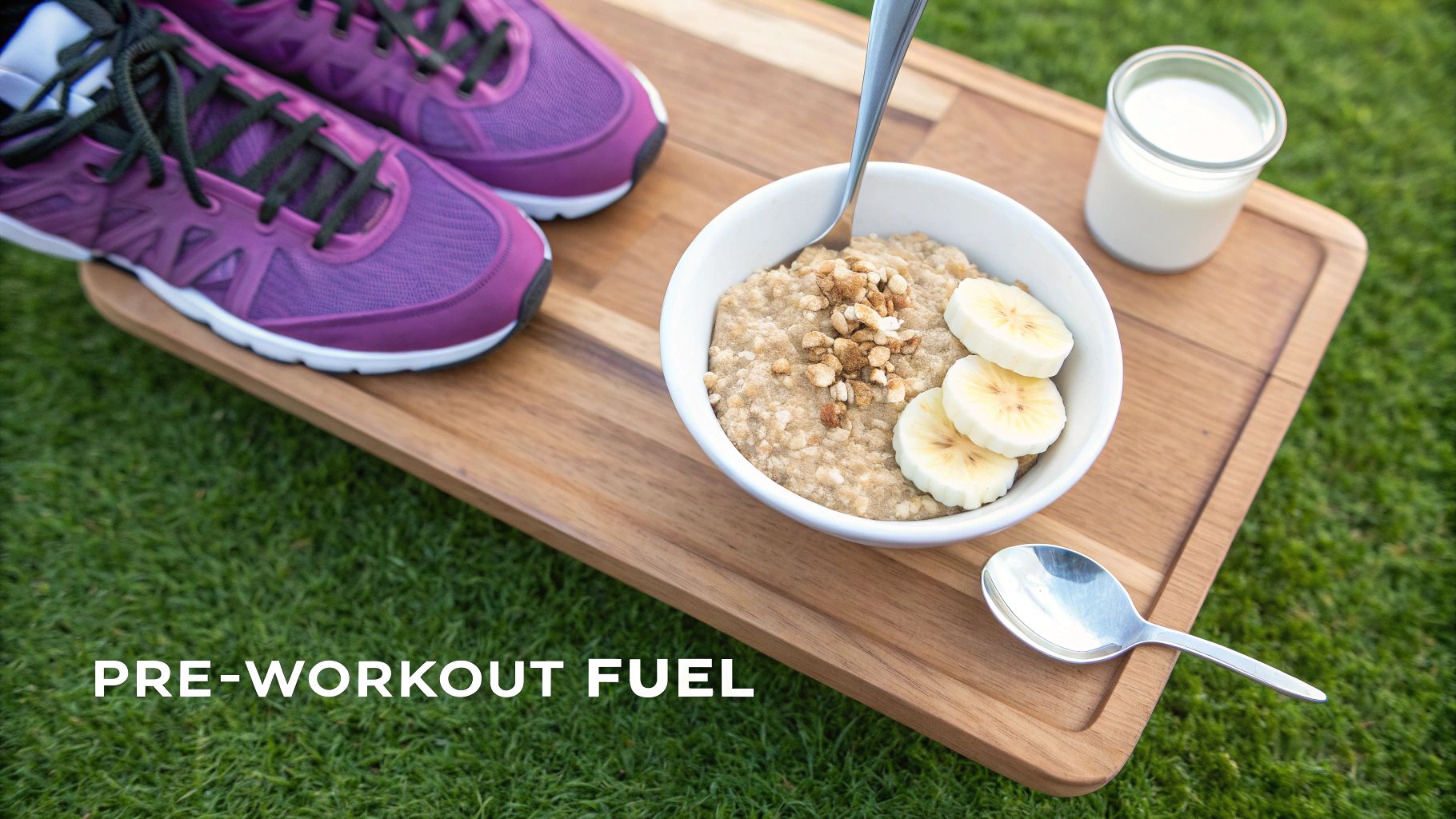 A healthy pre-workout meal of oatmeal with banana and milk next to purple running shoes on grass.