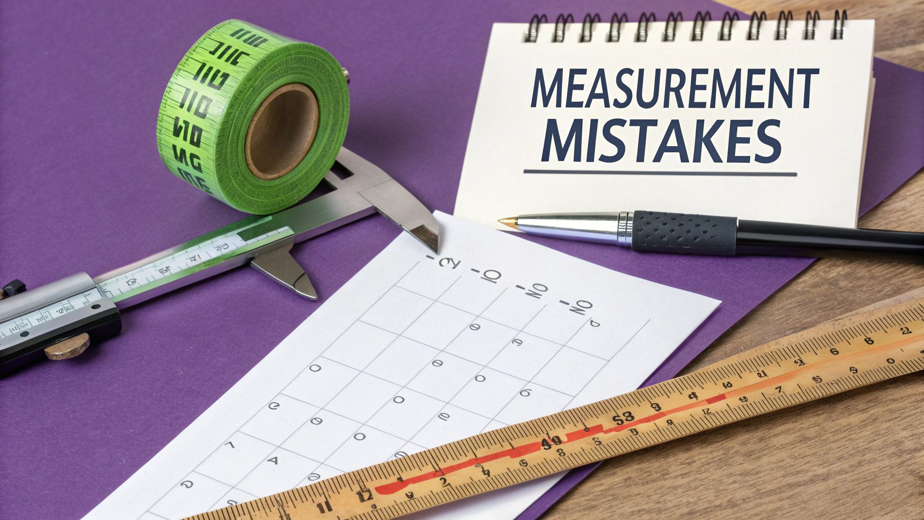 Measuring tools including tape measure, caliper, and ruler with notepad displaying measurement mistakes text