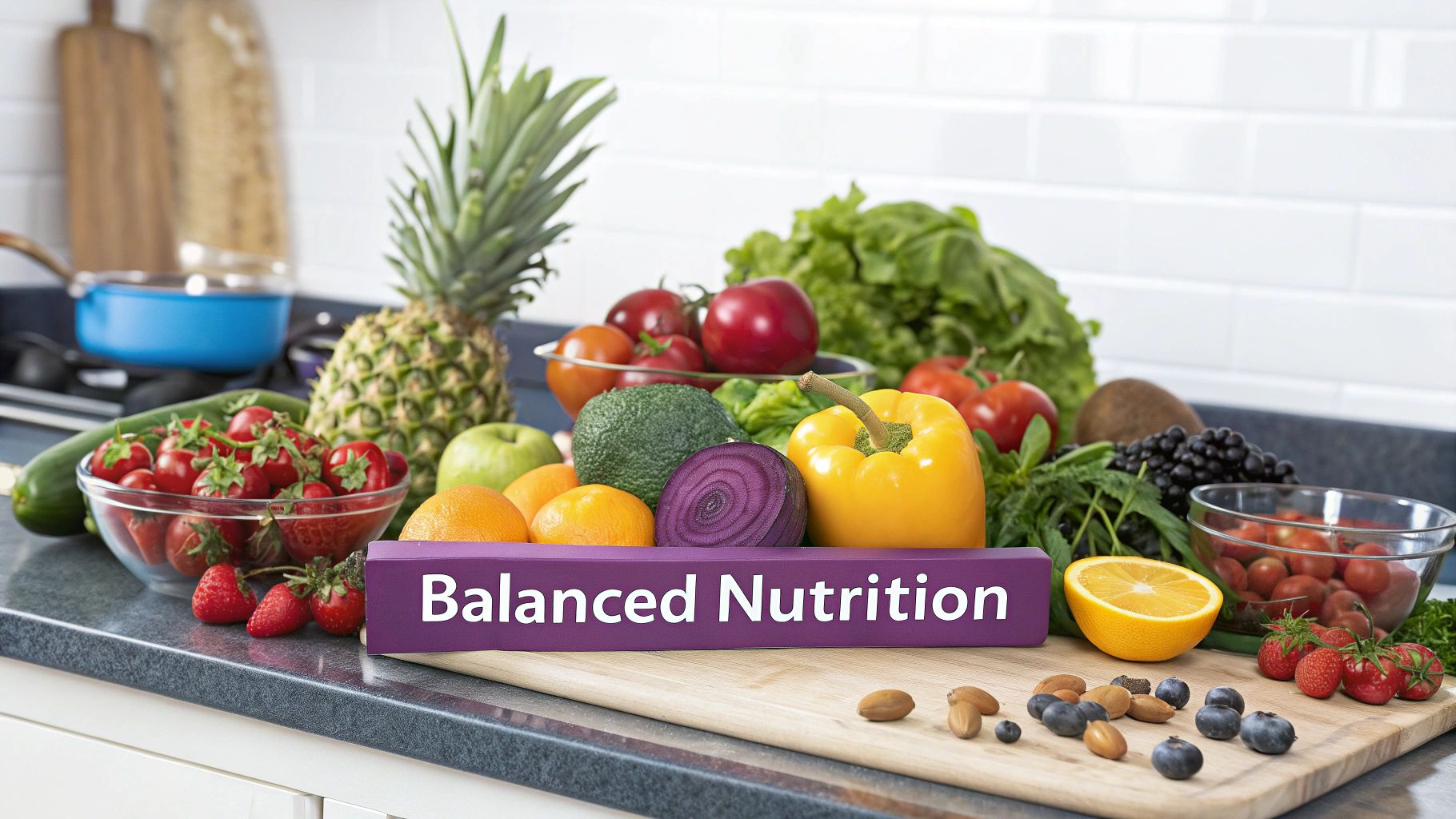 A colorful array of fresh fruits and vegetables laid out on a kitchen counter, representing a healthy and enjoyable nutrition plan.