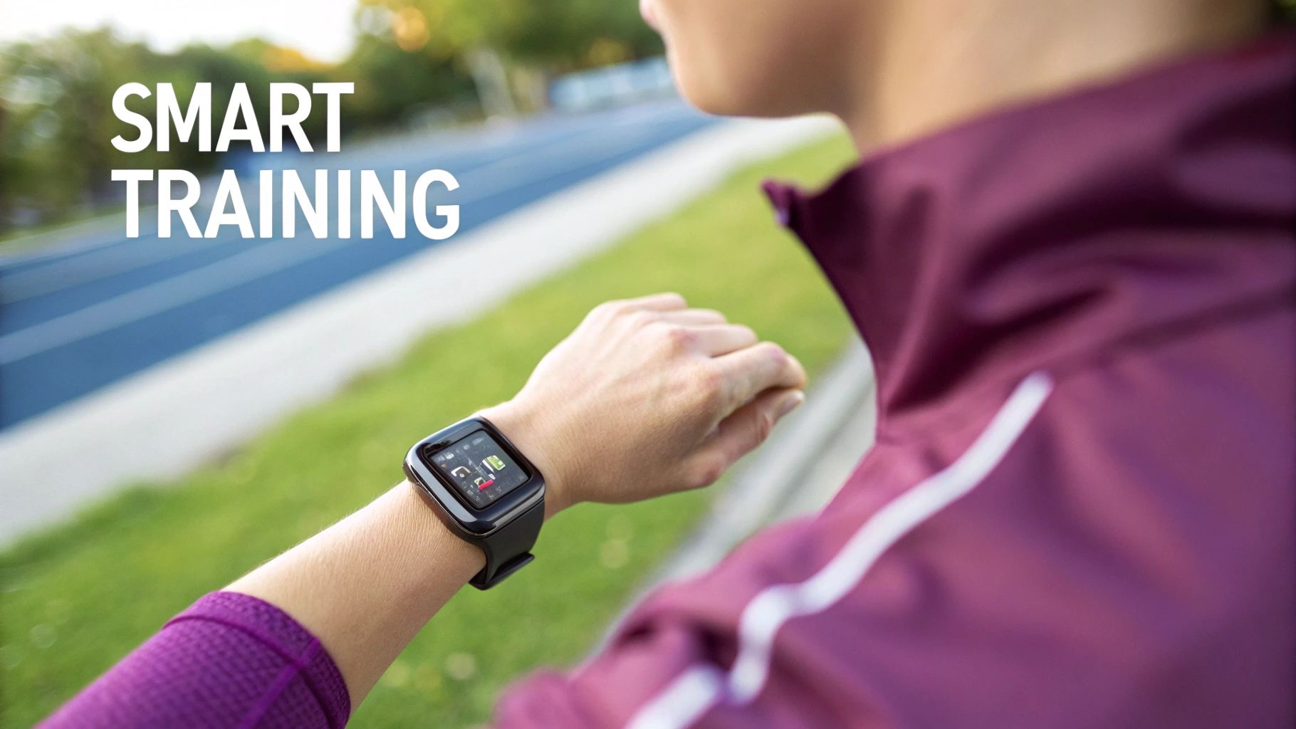 A person looking at a fitness tracker on their wrist with workout data displayed on the screen.