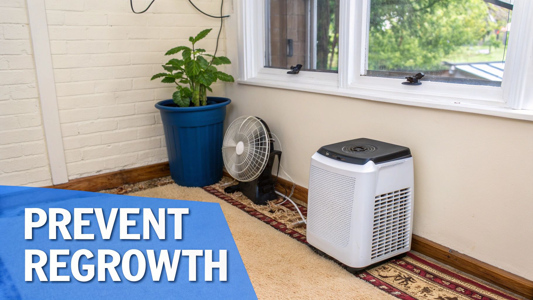 A modern living room with a person using a dehumidifier next to the carpet to control humidity levels and prevent mold growth.