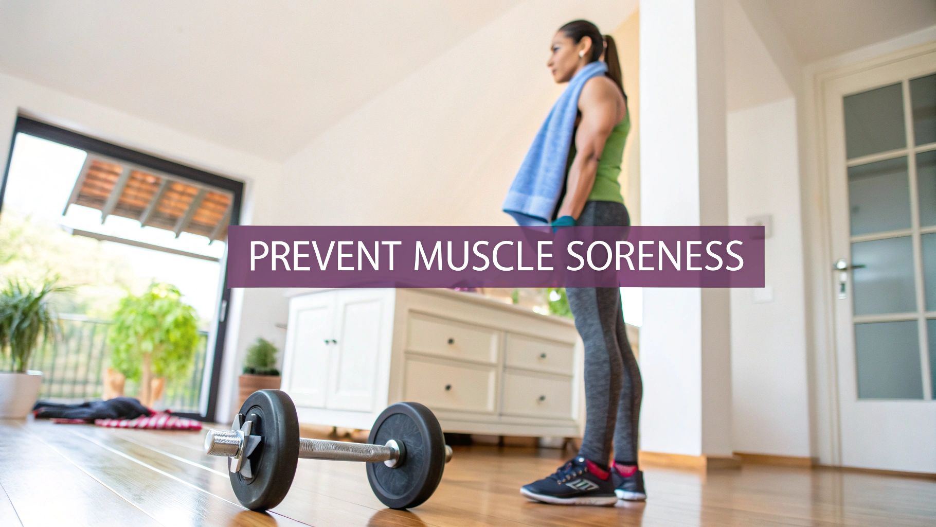 A fit woman in workout clothes with a towel, standing near a dumbbell, promoting muscle soreness prevention.