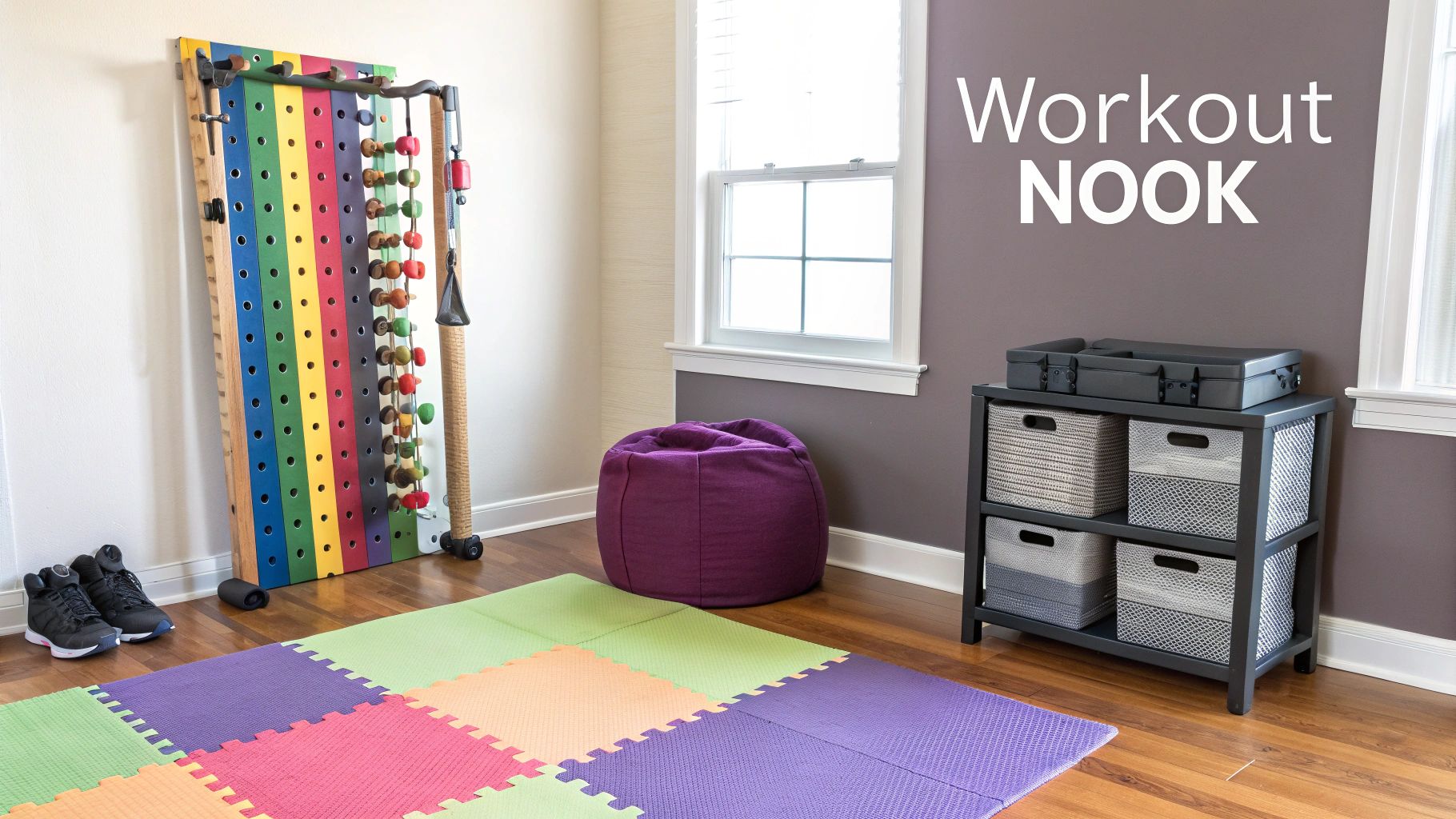 A vibrant home workout nook with colorful exercise equipment, foam mats, and storage.