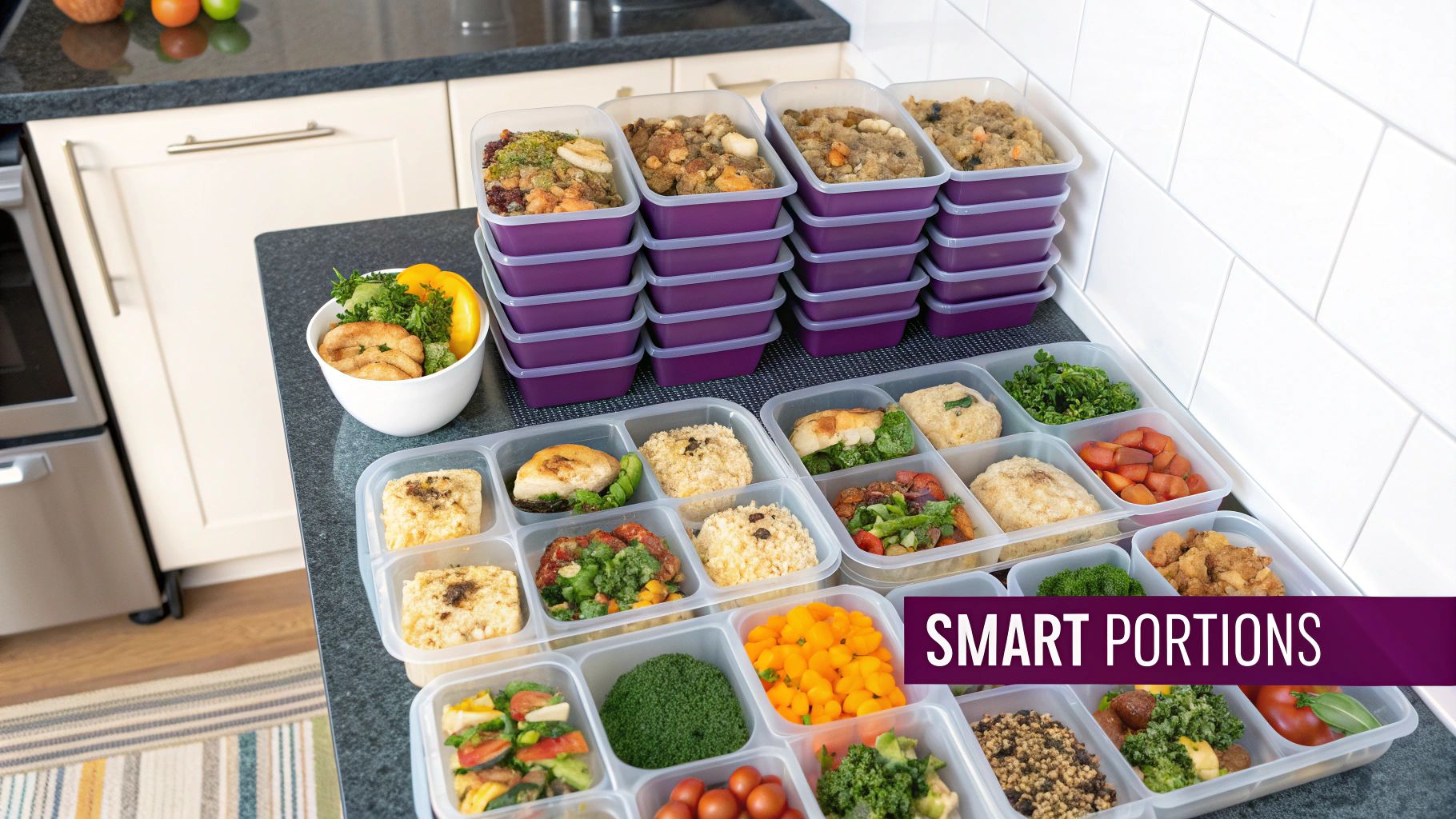 A person preparing healthy meals with fresh vegetables and lean protein in meal prep containers.