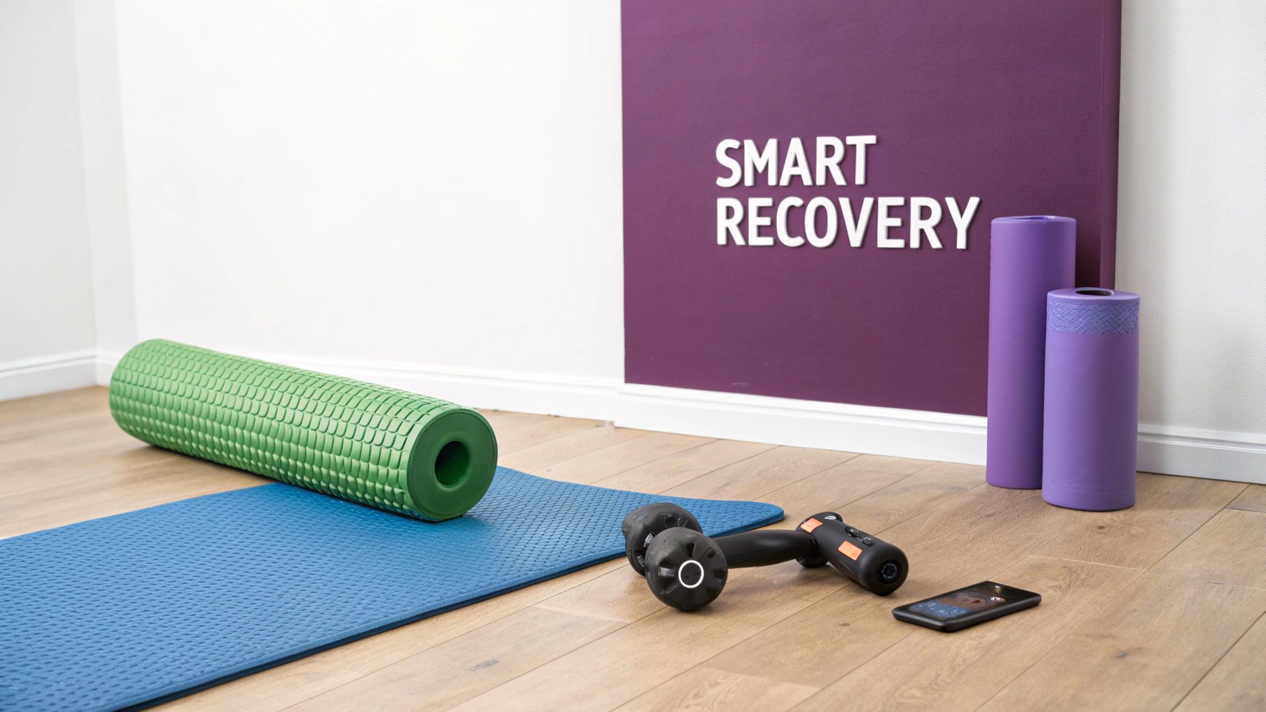 A blue yoga mat, green foam roller, dumbbell, and smartphone laid out for smart recovery.