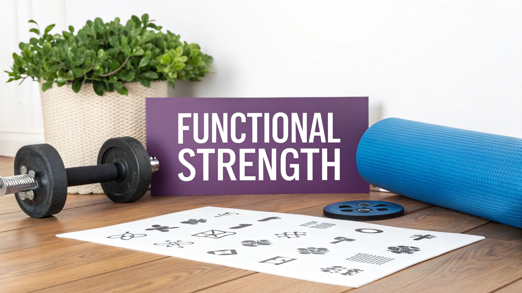Fitness equipment including a dumbbell, yoga mat, and 'Functional Strength' sign on a wooden floor.