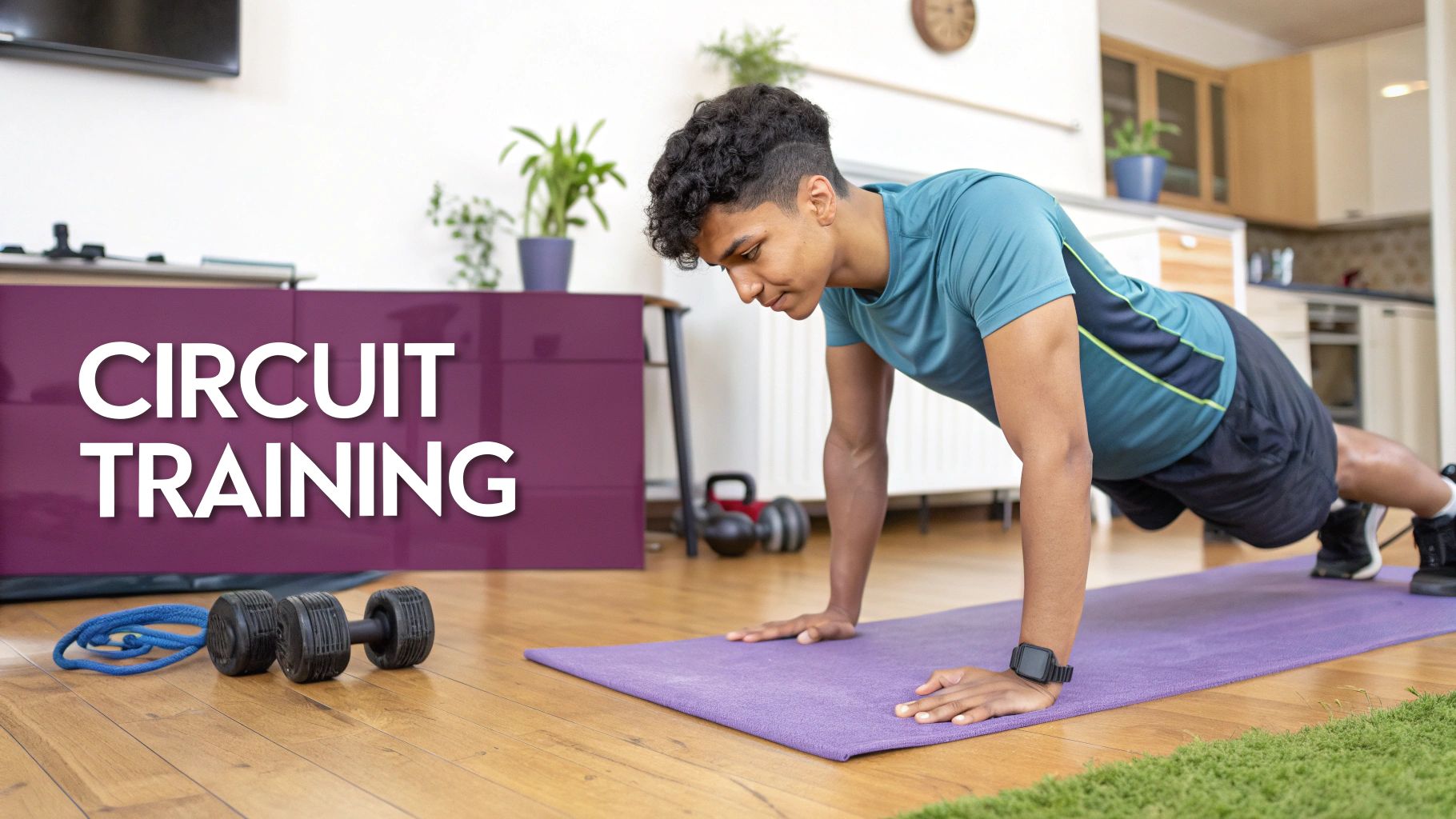 A woman performing a bodyweight lunge as part of a circuit workout at home.