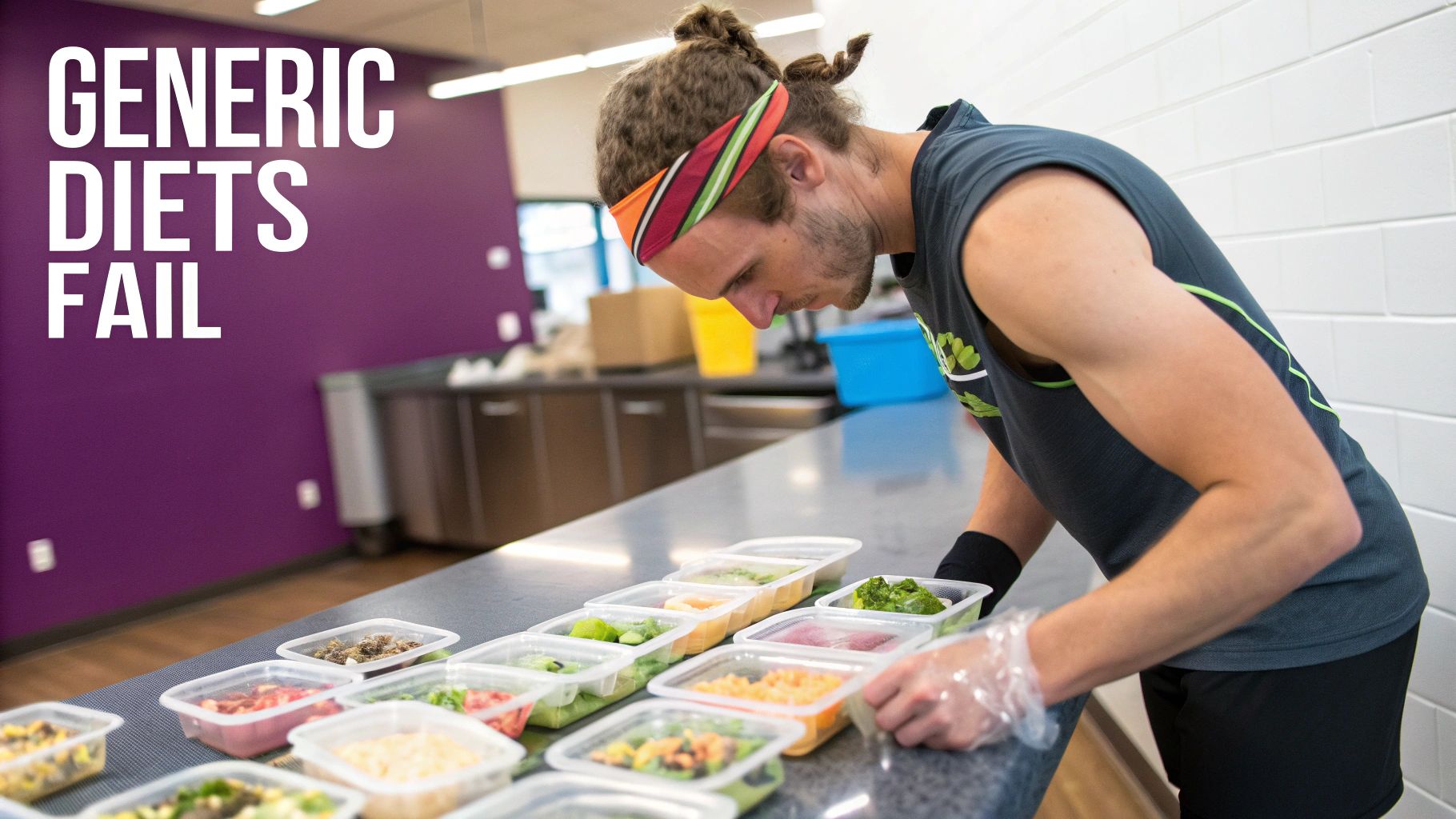 An endurance athlete running on a trail with mountains in the background, looking focused and determined.