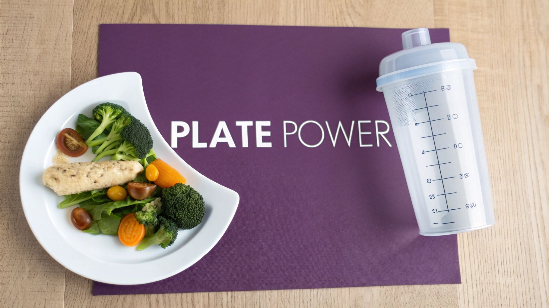 A healthy meal with chicken, broccoli, tomatoes, and greens on a 'Plate Power' mat with a shaker bottle.