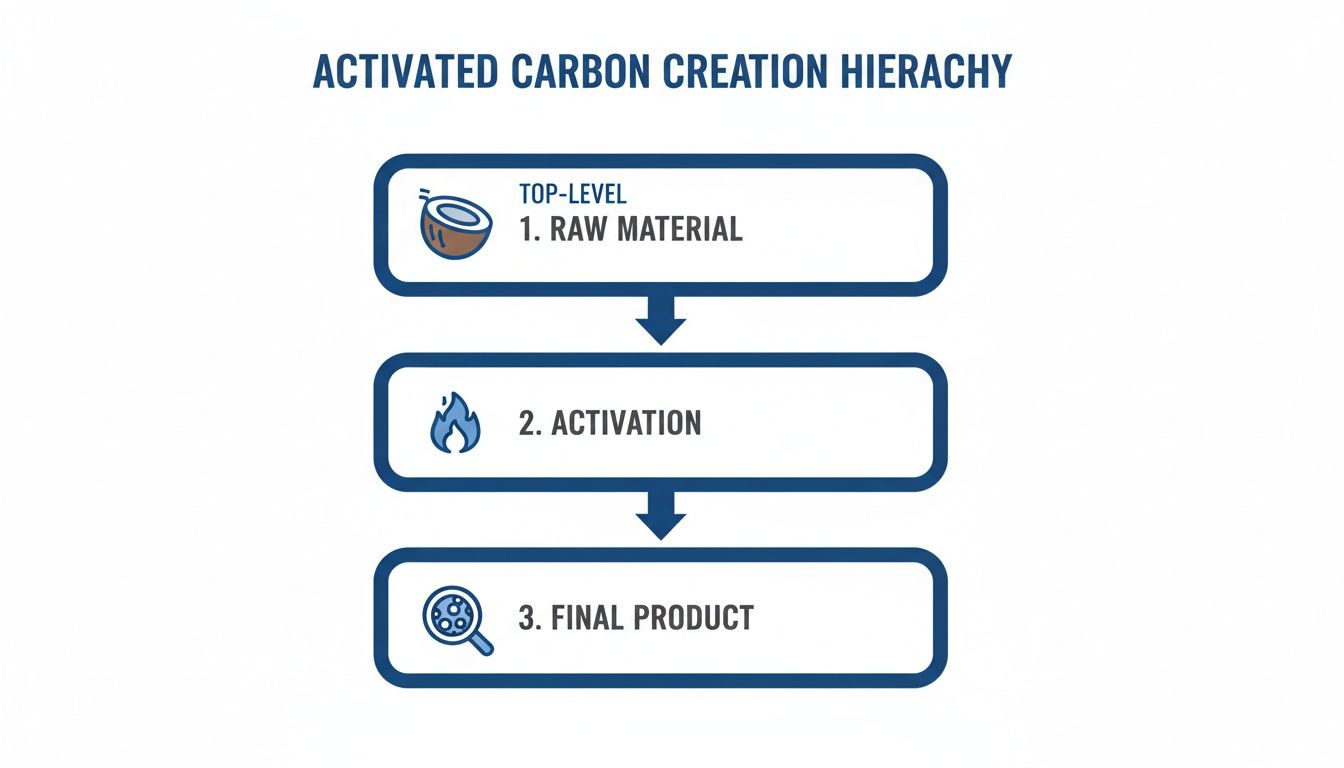 A hierarchical diagram illustrating the three steps of activated carbon creation: raw material, activation, and final product.